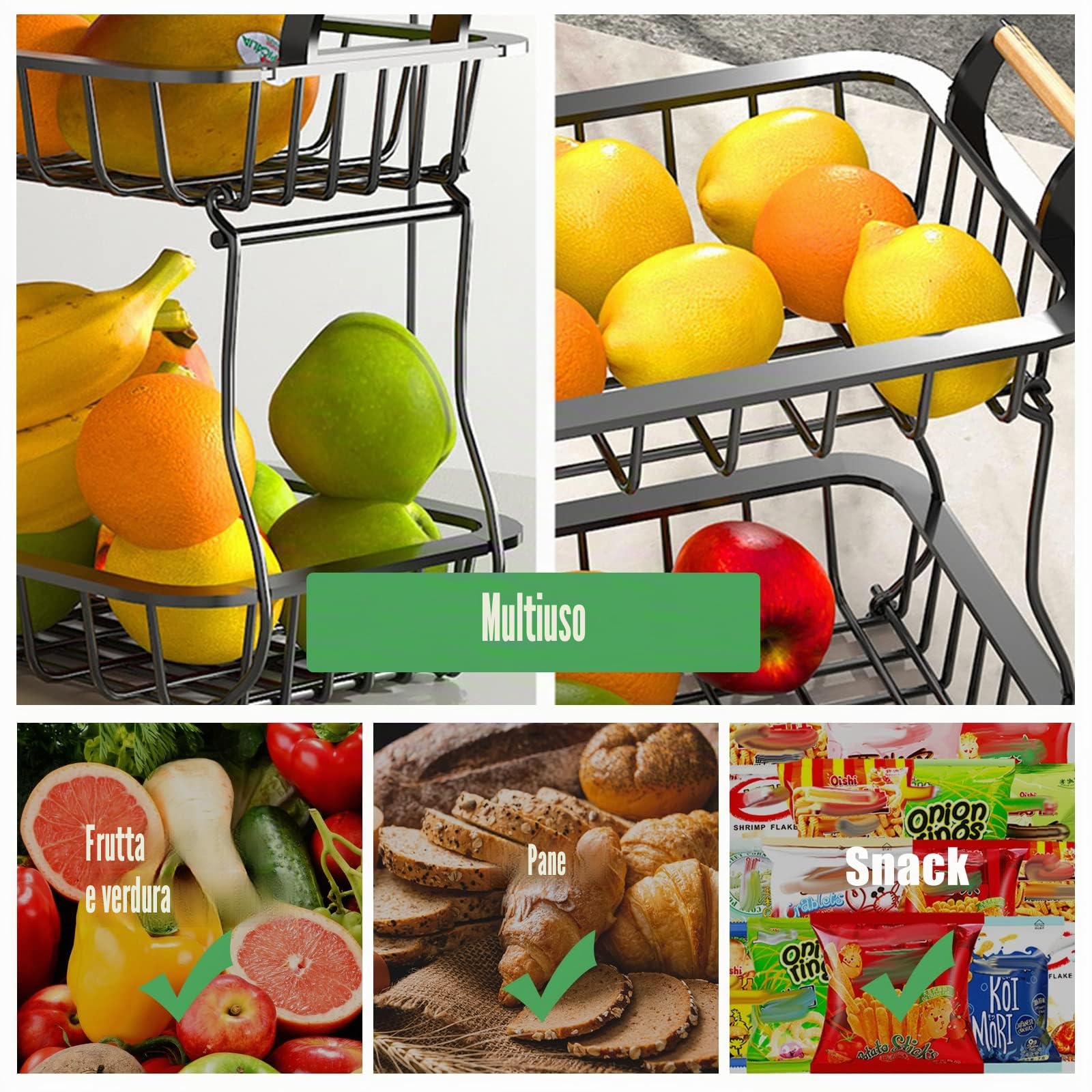 Alzatina Portafrutta,Cesto per frutta,Portafrutta Alzatina a 2 piani per avere più spazio sul piano di lavoro,mantiene frutta e verdura fresca,adatto per snack,verdure, pane