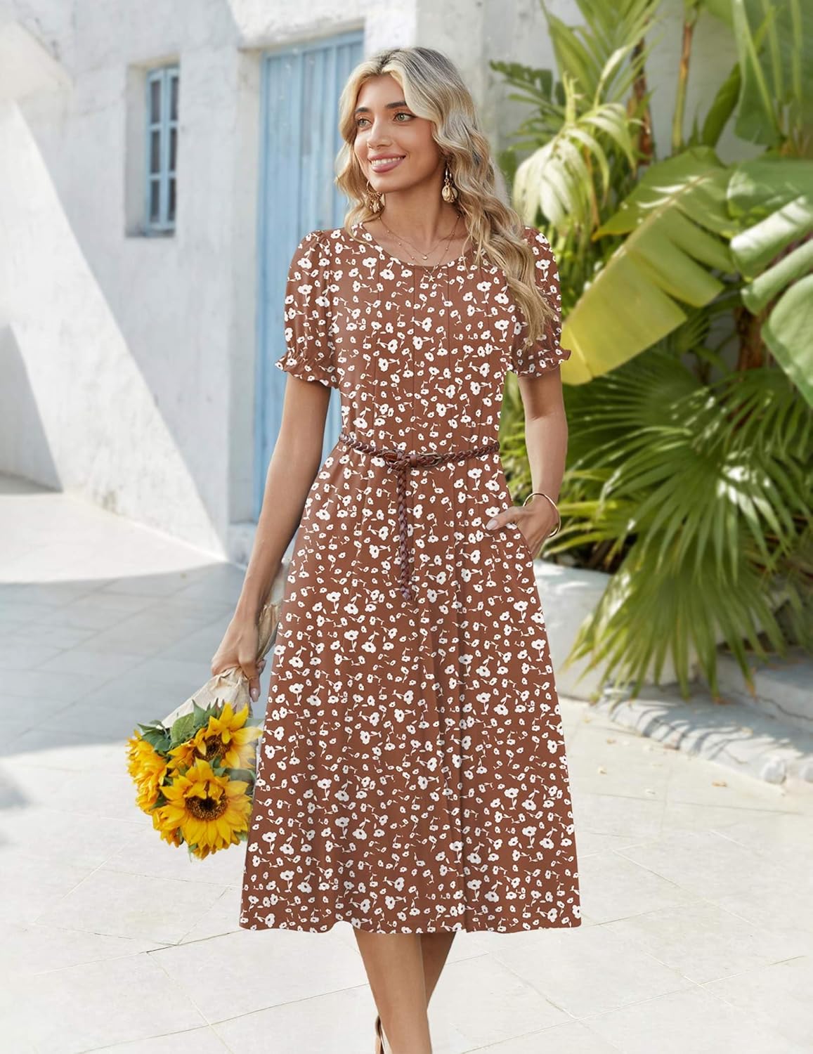 Zeagoo Womens Summer Dress Casual Midi Dresses 2026 Short Puff Sleeve Flare Dress Pleated Flowy Sundress with Pockets - Image 5