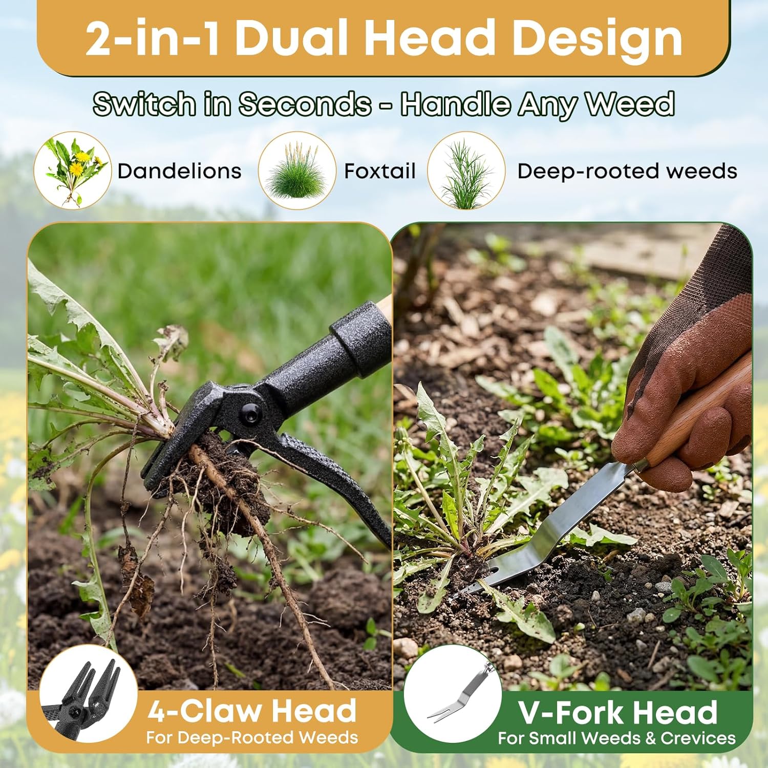 Donepart Stand Up Weed Puller Tool, Long Handle Weeder & Hand Weeder Fork Set - 46" No-Bend Deep Root Remover for Lawn, Garden & Yard, Seniors & Bad Back Friendly, Fits 5'2"-6'2", Bamboo Handle