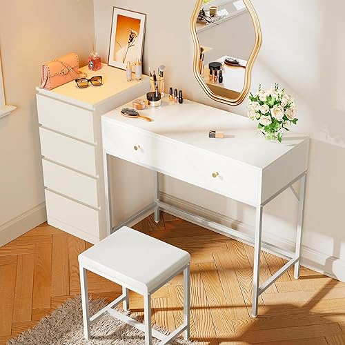 Miniatura 7 de SUPERJARE 35.4" White Desk with 2 Drawers, Modern Makeup Vanity with Padded Stool, Small Computer Desk Home Office Desk for Writing Study Bedroom