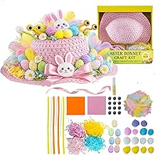 HOVUK 64Pcs Pink Easter Bonnet Decorations Kit for Hunt Game | Handmade Big Pack Children Bonnet with Feathers, Pom Poms, Foam Eggs | Easter Hat for Children DIY
