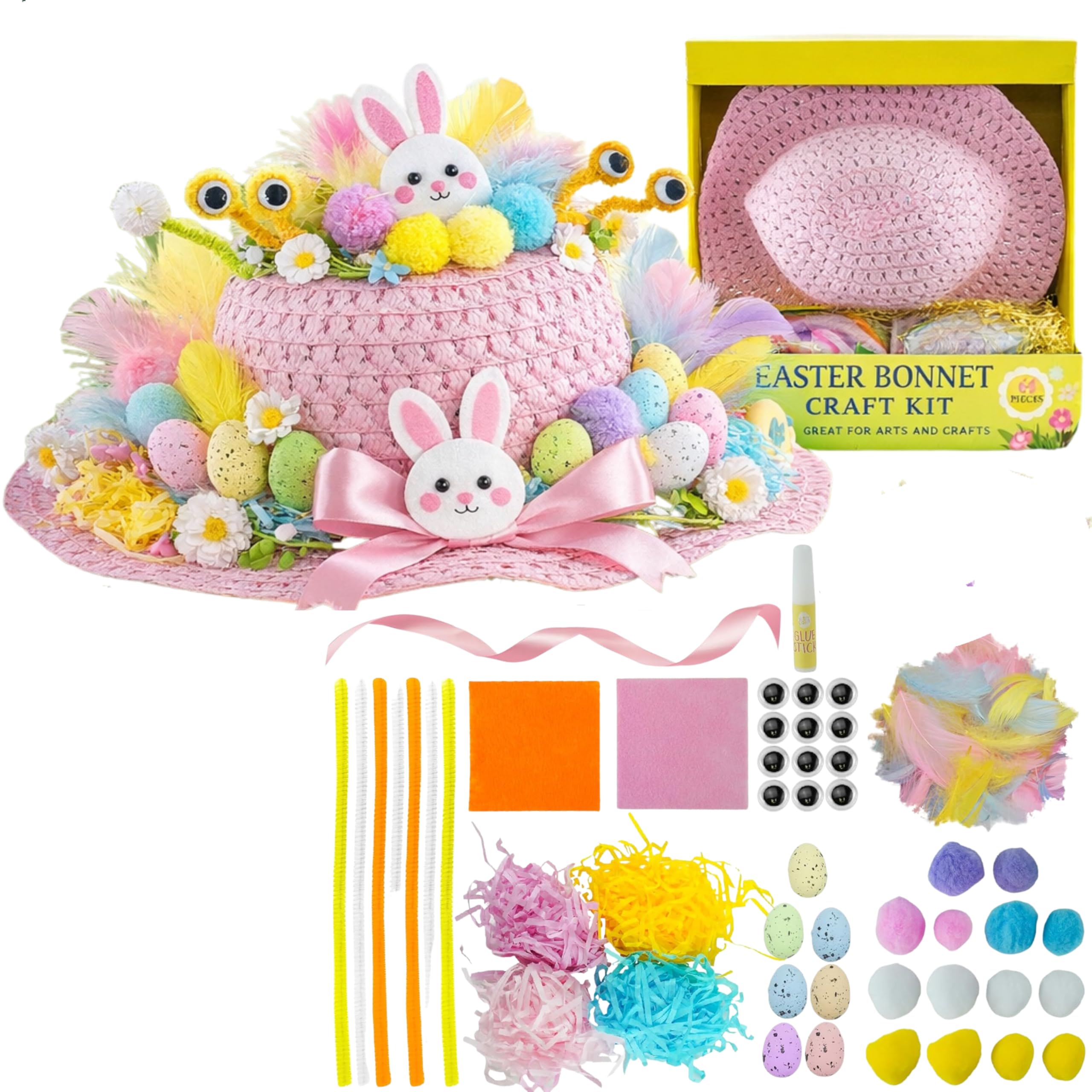 Hovuk Girls Pink Bonnet Kit 64Pcs Pink Easter Bonnet Decorations Kit For Hunt Game | Handmade Big Pack Children Bonnet With Feathers, Pom Poms, Foam Eggs | Easter Hat For Children Diy