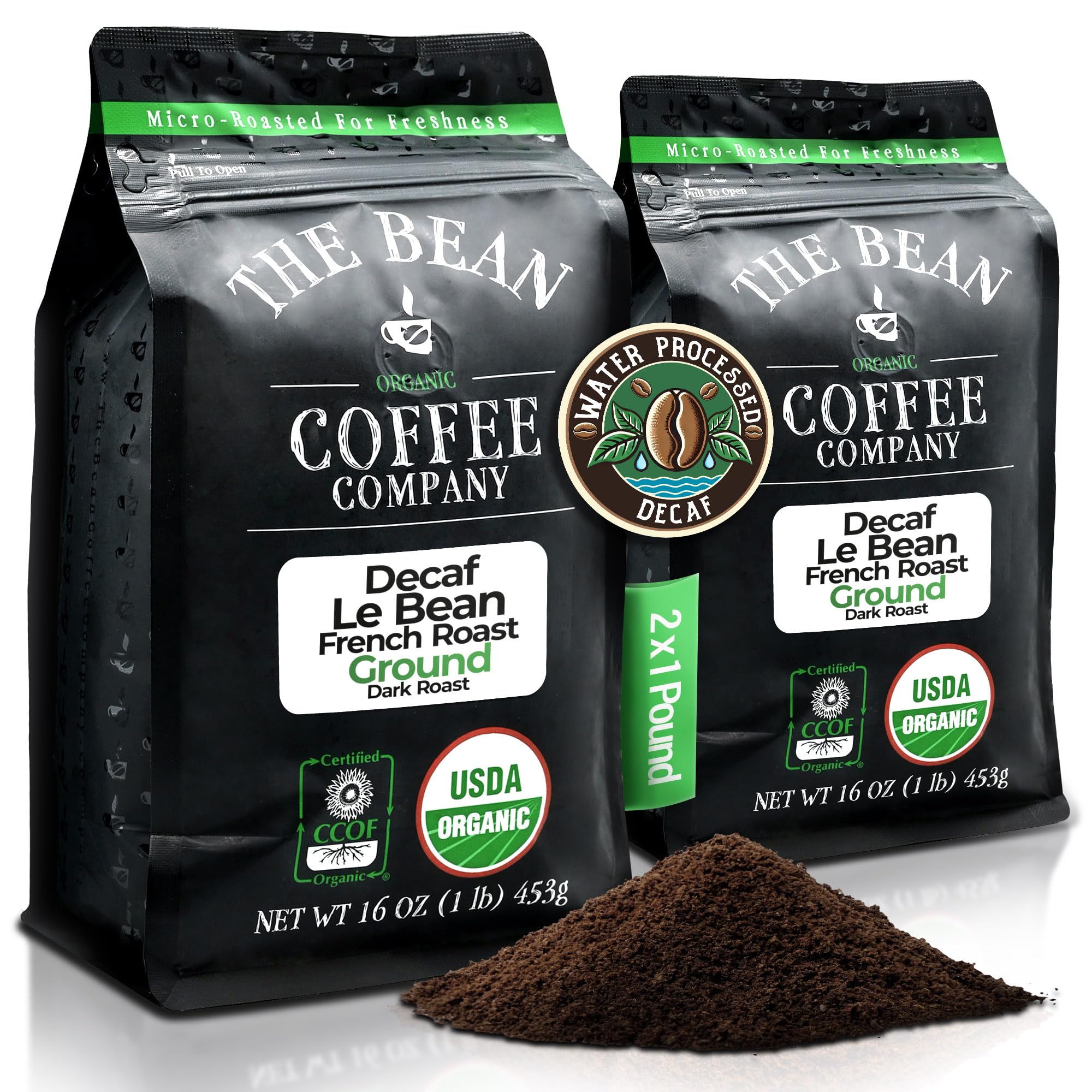 The Bean Organic Coffee Company Water Processed DECAF Le Bean, Dark French Roast, Ground Coffee, 16-Ounce Bags (Pack of 2), Café Molido Tostado