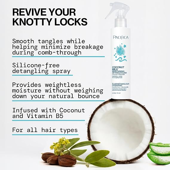 Pacifica Coconut Milk Hair Detangler Spray Leave-In Conditioning Elixir for Tangle-Free Hair Instantly Detangles Knots, Adds Shine & Moisture, Prevents Breakage & Frizz Vegan & Cruelty-Free | Vegan