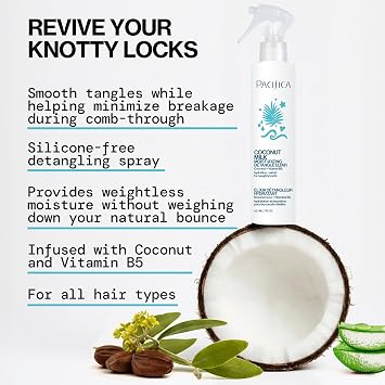 Pacifica Coconut Milk Hair Detangler Spray Leave-In Conditioning Elixir for Tangle-Free Hair Instantly Detangles Knots, Adds Shine & Moisture, Prevents Breakage & Frizz Vegan & Cruelty-Free | Vegan