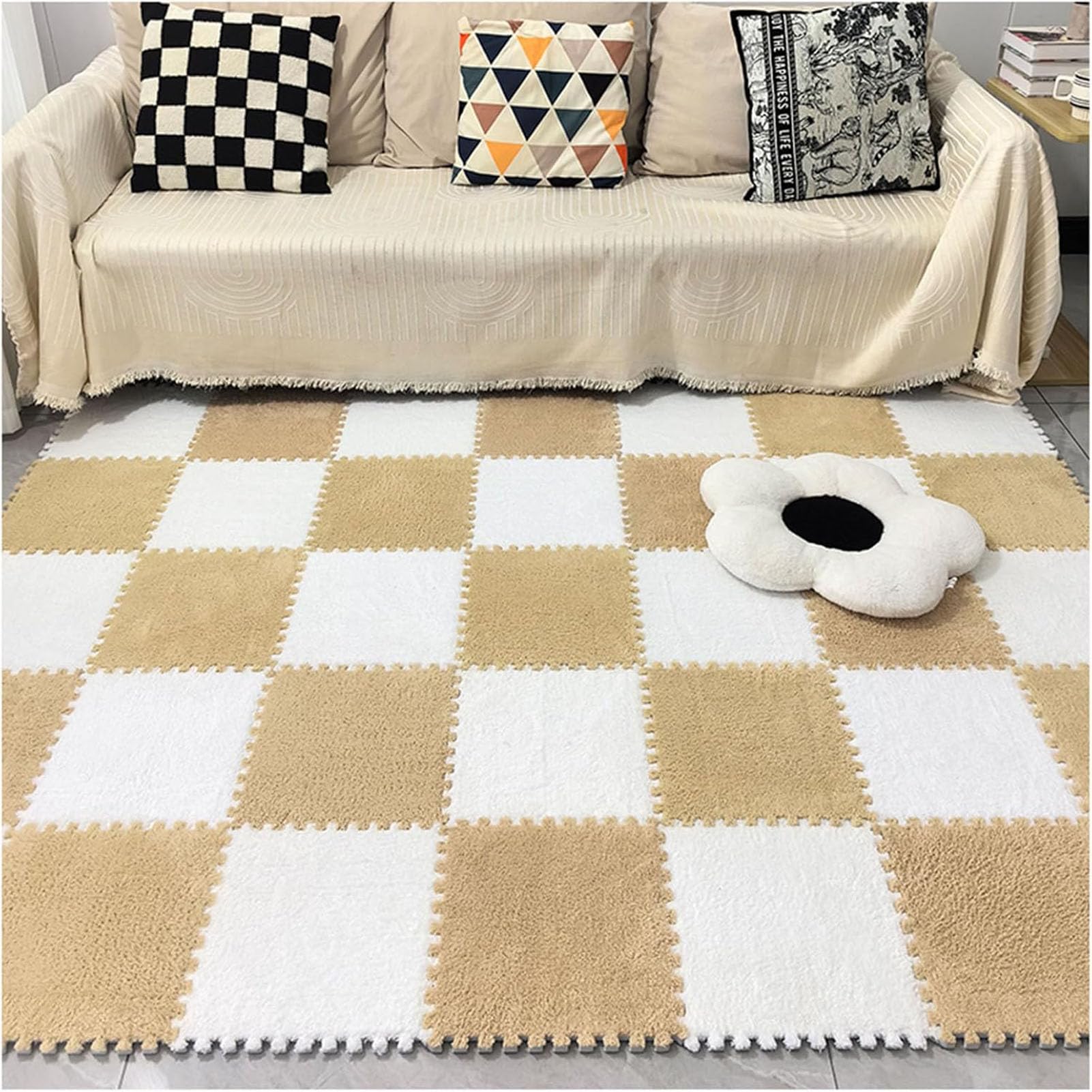 Schaumstoff-Spielmatte, 10er-Pack Plüsch-Schaumstoff-Puzzlematten, Mehrfarbig(Apricot+White)