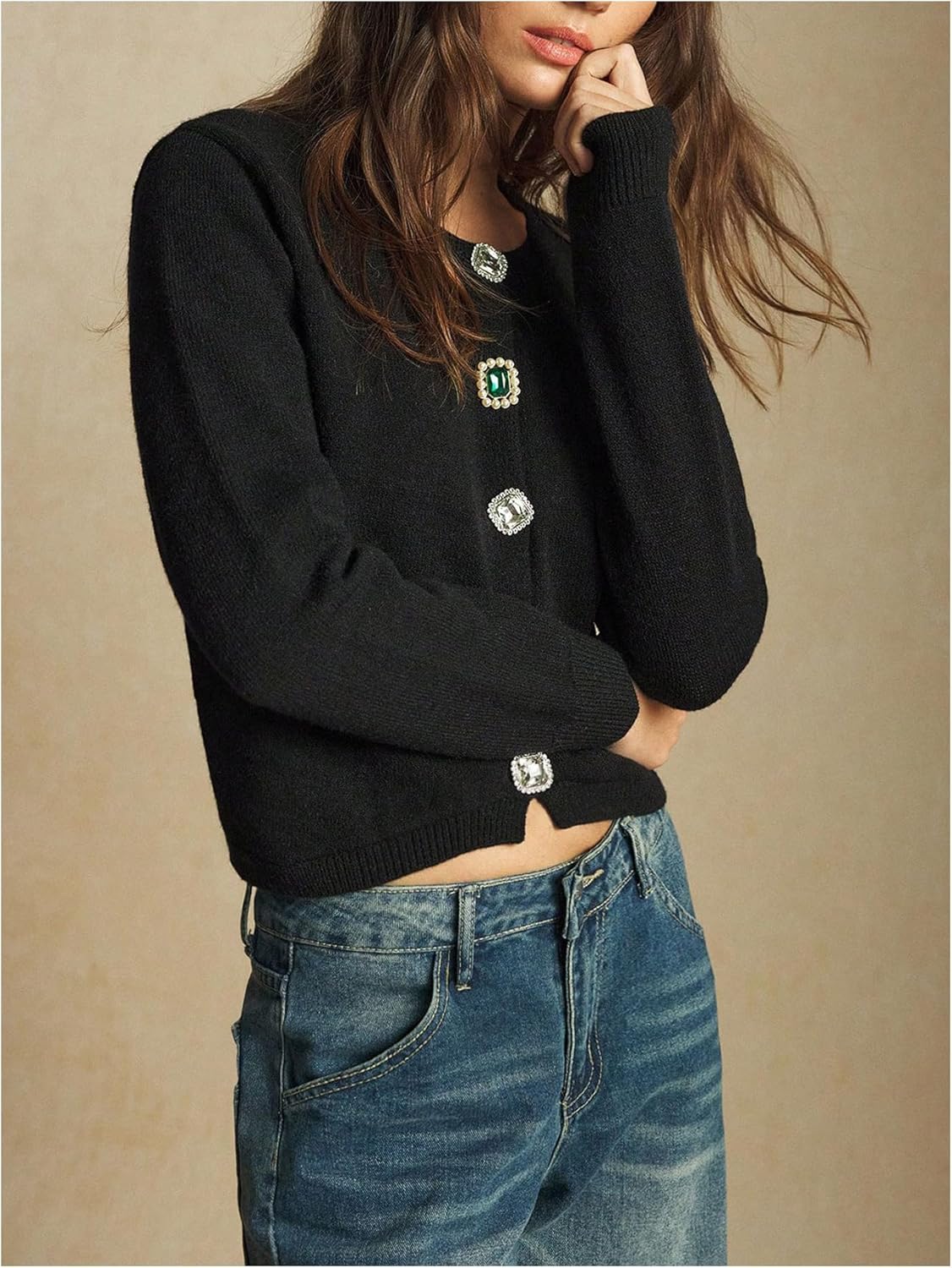 Women's Gem Button Cardigan Crew Neck Cropped Sweaters Elegant Fall Outfits - Image 4