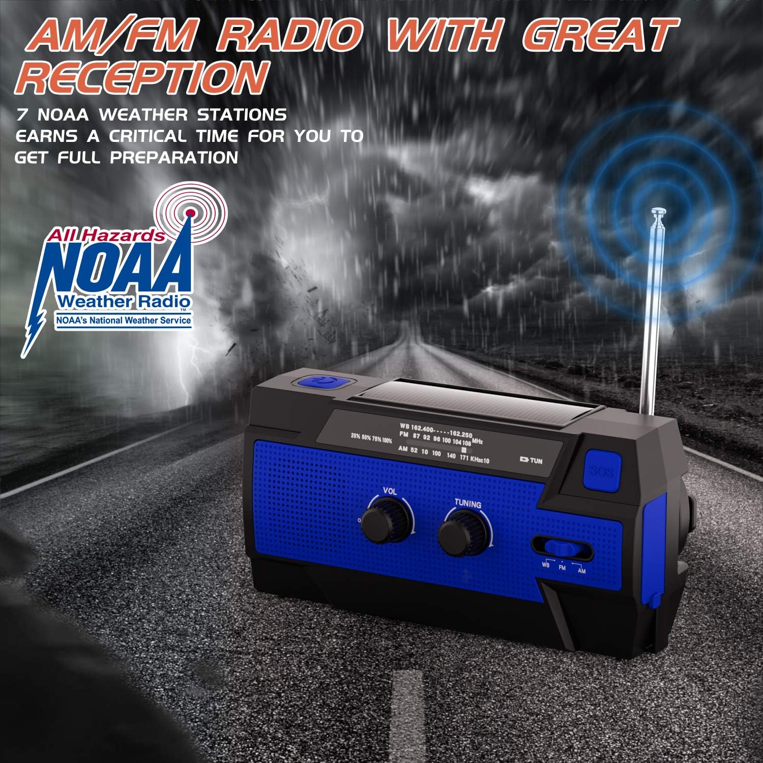 Lowest Price Emergency Radio Hand Crank Solar, 4000mAh Portable Weather Radio, NOAA Weather Radio, Outdoor Radio with Flashlight & Motion Sensor Reading Lamp, Solar Cell Phone Charger, SOS Alarm(Blue)