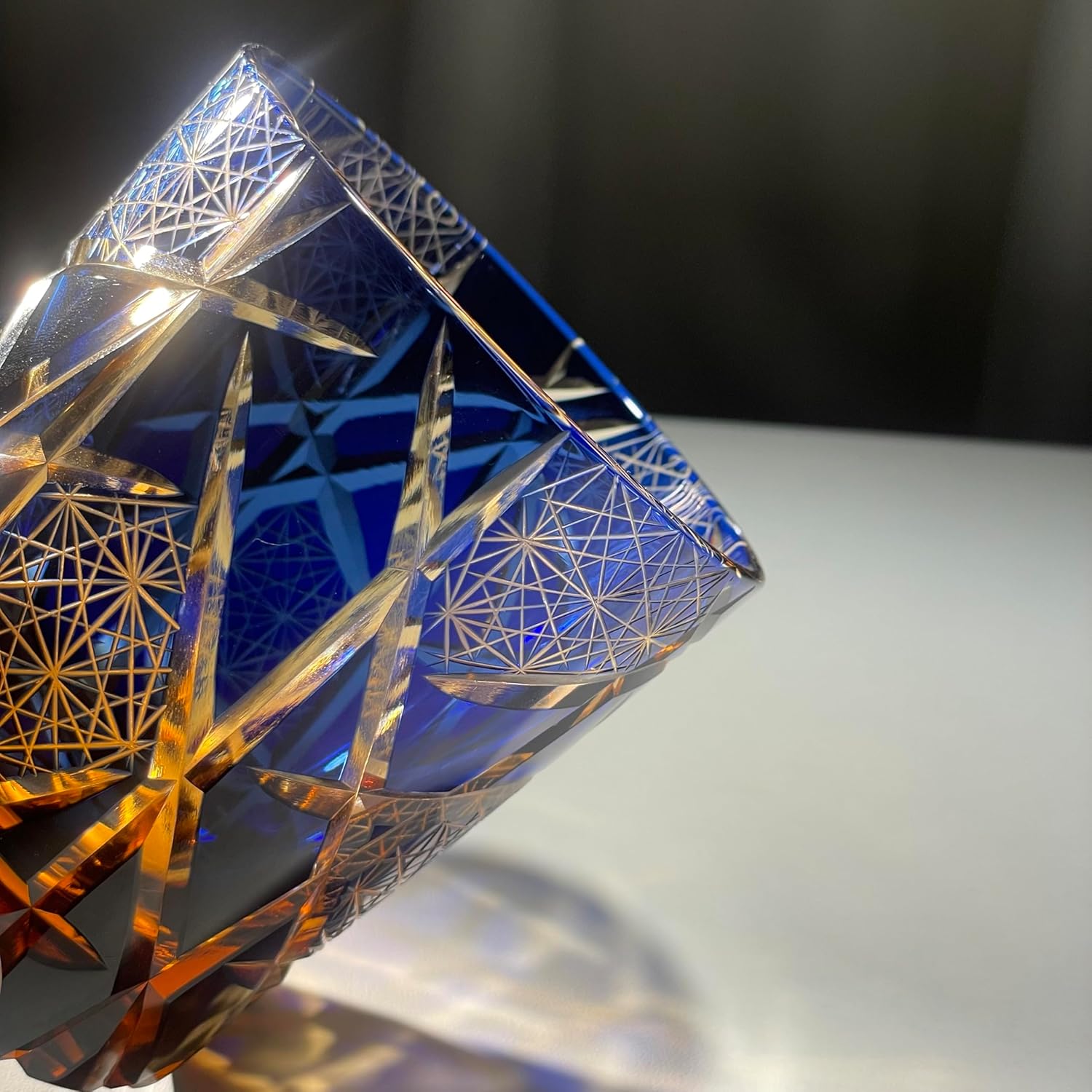 Crystal Cut Whiskey Glass, Blue and Amber Geometric Pattern, Vintage Style Old Fashioned Glass (starry night 1) - Image 6