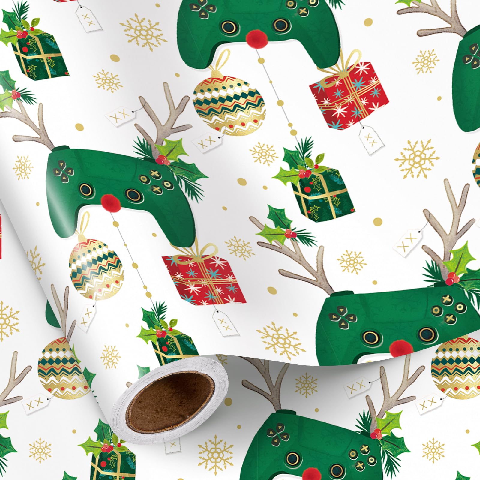 RUSPEPA Christmas Wrapping Paper Roll, Mini Roll, Game Controller Deer, Holly and Ornament Design, White Green Gift Wrap for Holiday Gifts, 17 Inches
