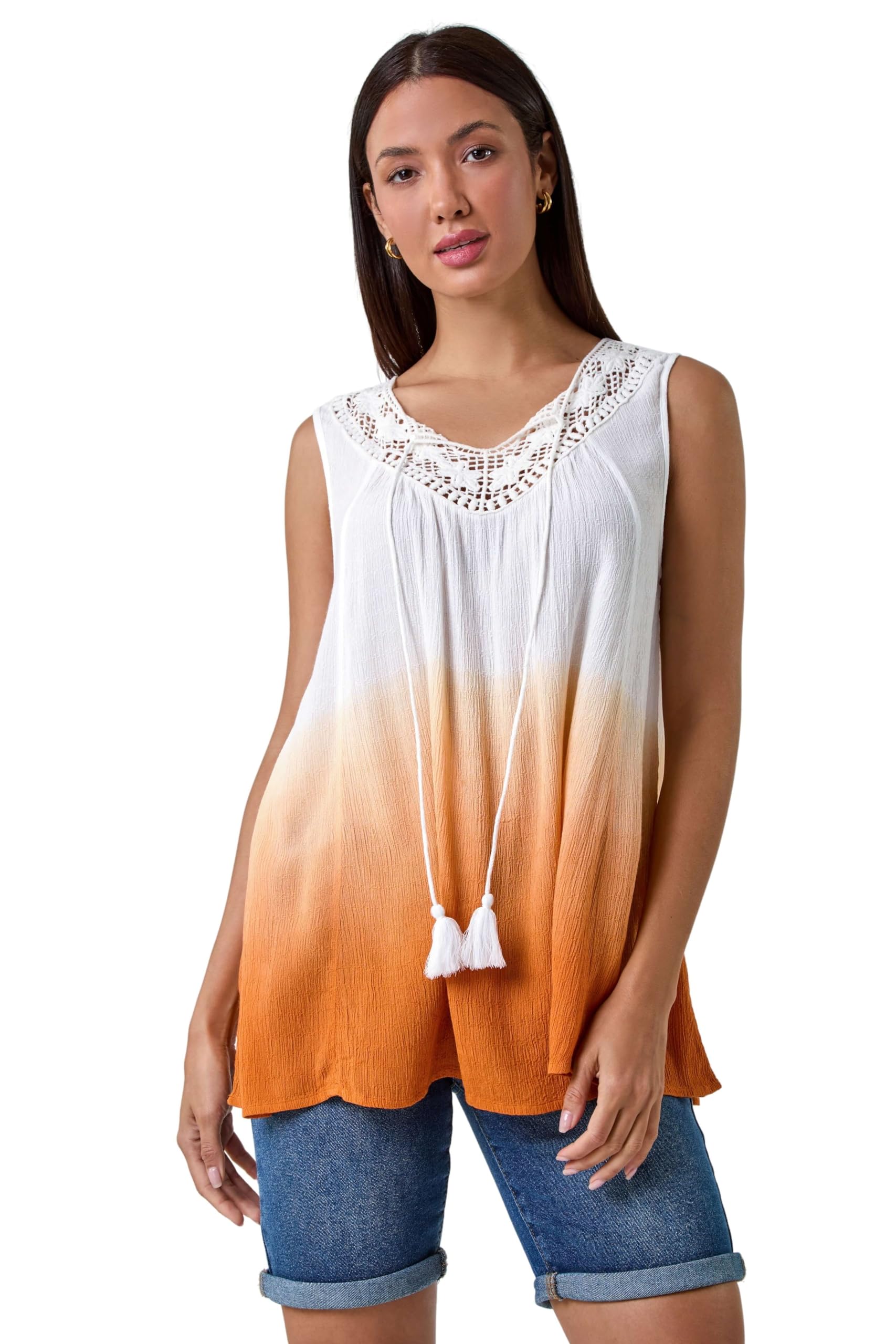 Roman Originals Cotton Lace Detail Ombre Vest Top for Women UK - Ladies Everyday Holiday Spring Summer V-Neckline Comfy Soft Evening Vacation Work Party - Rust - Size 12