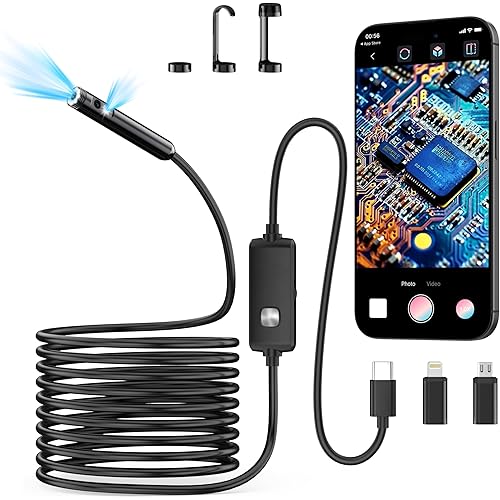 Endoscope Camera with Light(Dual-Lens),1920P HD Borescope with 8 Adjustable LED Lights, IP67 Waterproof Endoscope with Semi-Rigid Snake Cable, Inspection Borescope for iOS and Android-18ft