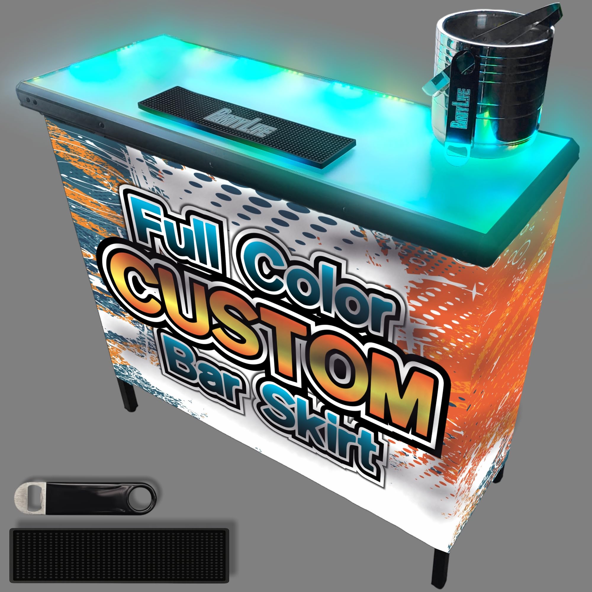 PartyLife Glowing LED Surface Portable Bar Table w/Mobile App, Folding Steel Legs, 2 Bar Skirts, Supportive Storage Shelf &amp; Carrying Case - Custom Skirt
