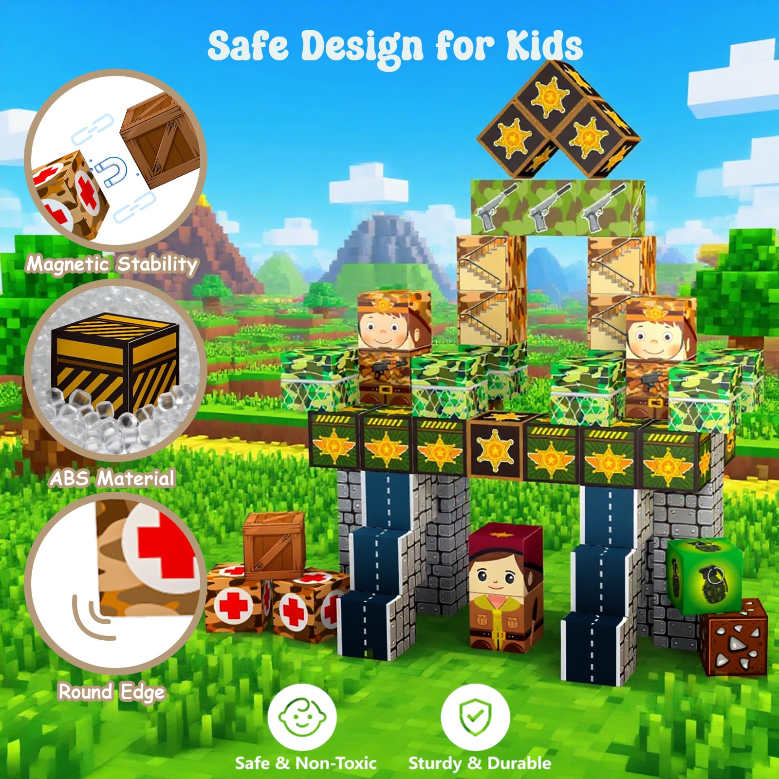 Magnetic Blocks 100PCS Magnetic Tiles Military Building,Kids Classroom Sensory Toy for Toddlers STEM Learning, Construction Stacking Toy for Kids 3+ Boys and Girls Christmas Birthday Gifts Toys