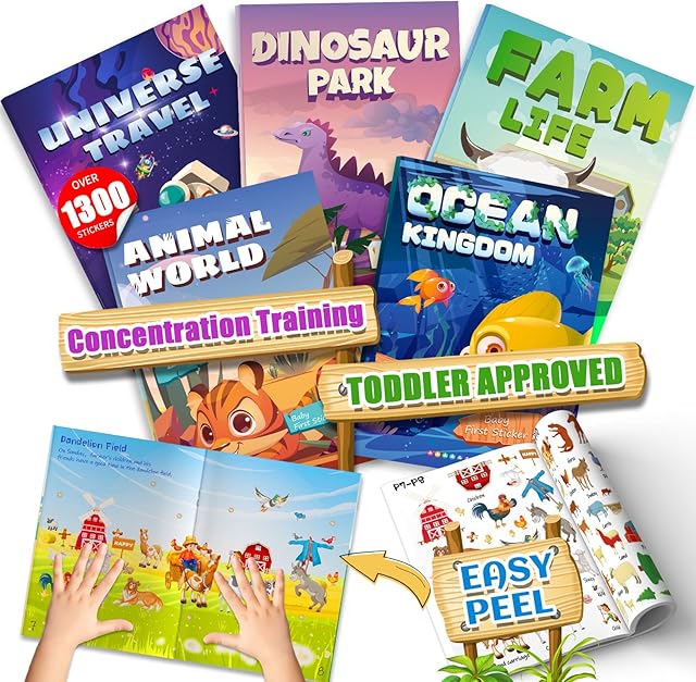 5 Sets Sticker Books for Kids 2-4(1300+ Stickers), Toddler Sticker Book for 2 3 4 5 Year Old Girls Boys, Educational Toys Learning Books - Animal Farm Dinosaur Ocean Universe