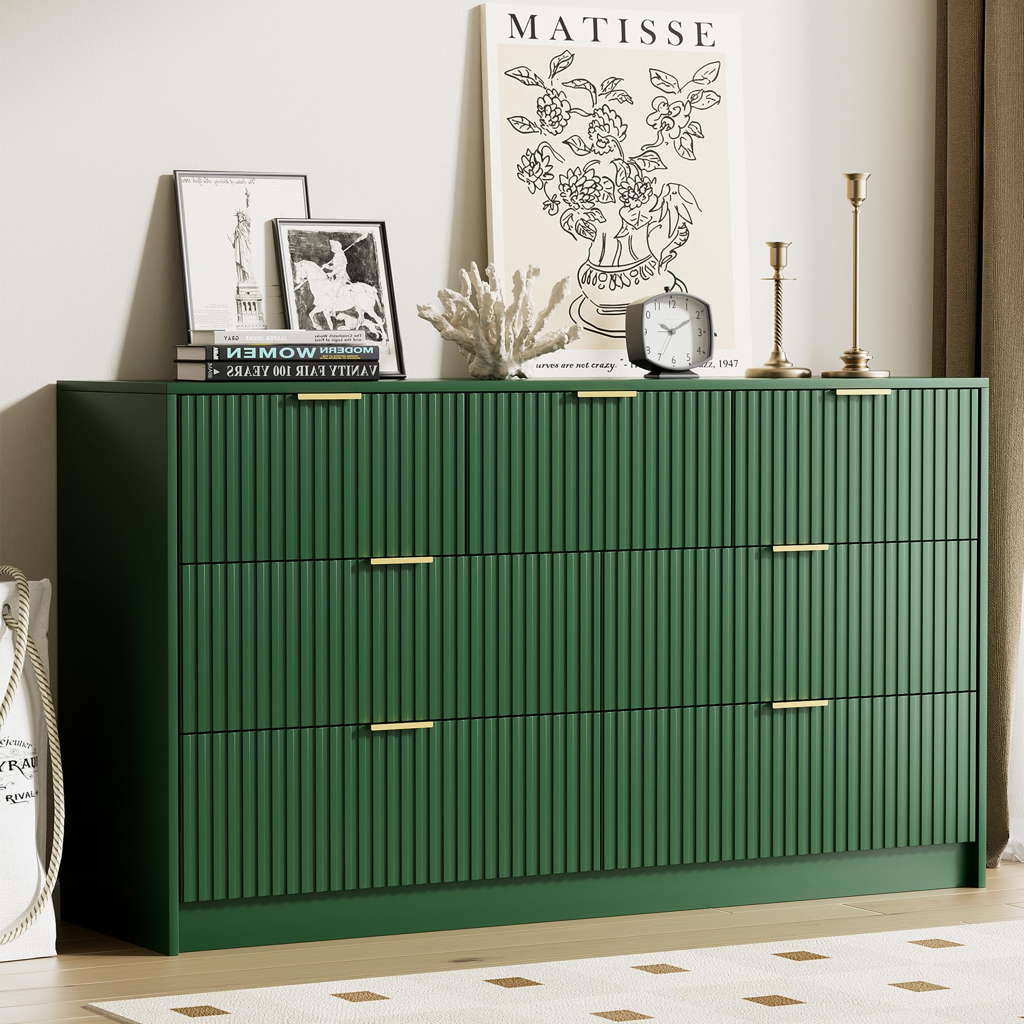 Furniway Green Dresser for Bedroom, Modern Dresser with 7 Drawers and Smooth Slides, Wide Chest of Drawers with Golden Handles for Bedroom, Living