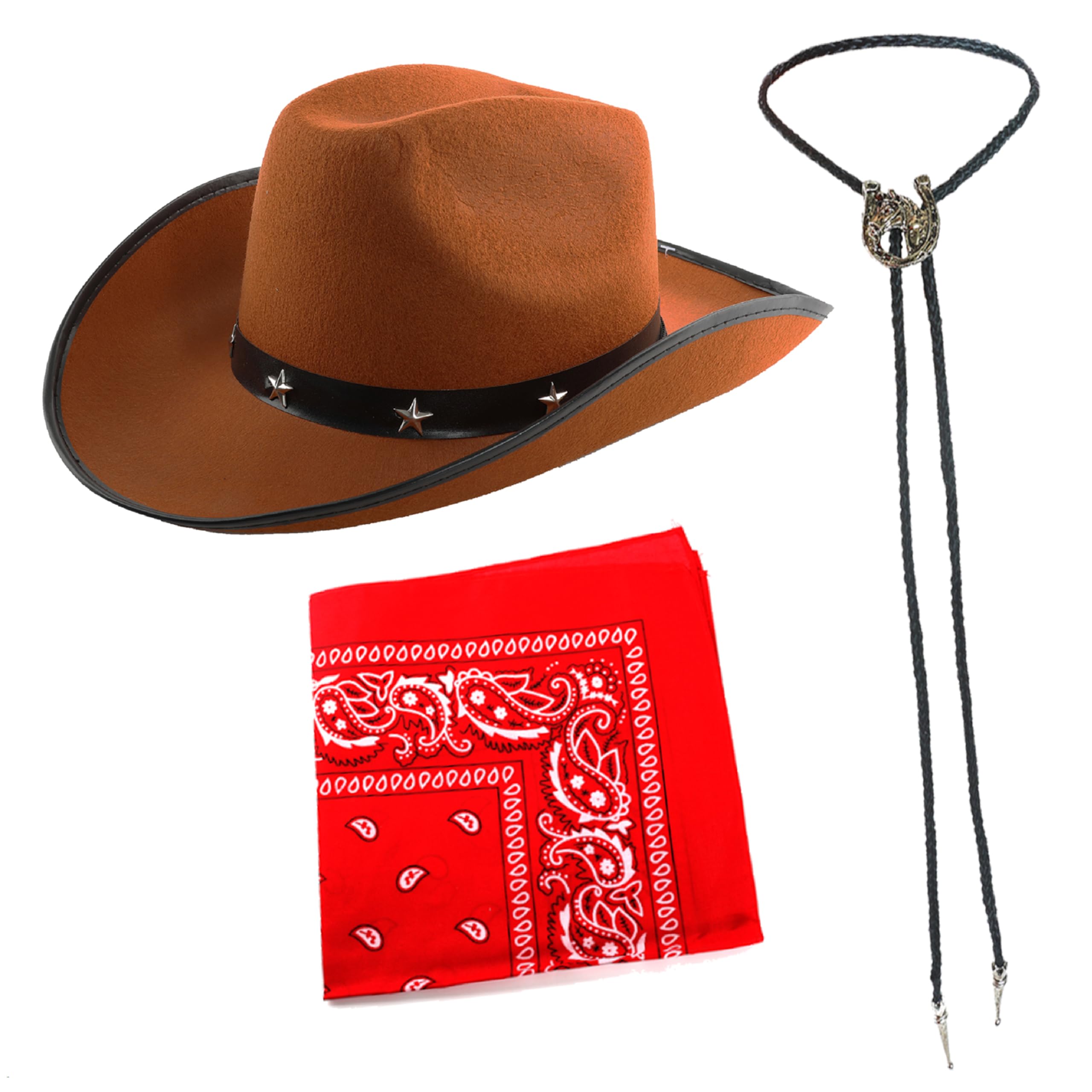 Brown Studded Cowboy Hat With Bandana & Tie - Brown Cowboy Hat, Red Bandana and Black Bootlace Tie With Horse Medallion - Perfect for Any Fancy Dress Party