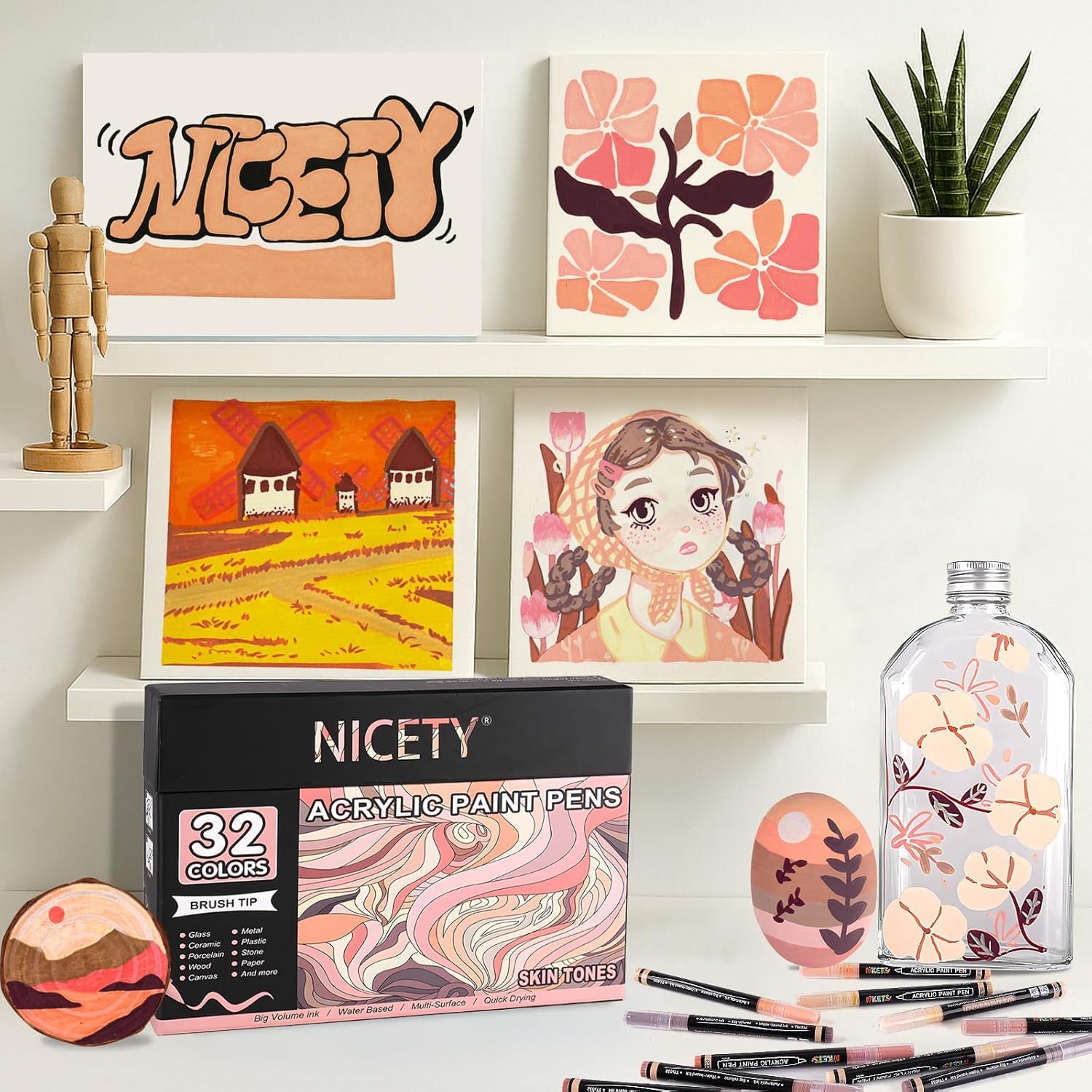 NICETY 32 Acrylstifte für Steine Wasserfest - Pinselspitze Acrylmarker für Holz, Stoff, Leinwand, Glas, 1-6mm Multimarker acrylic Marker pens Set (Haut)