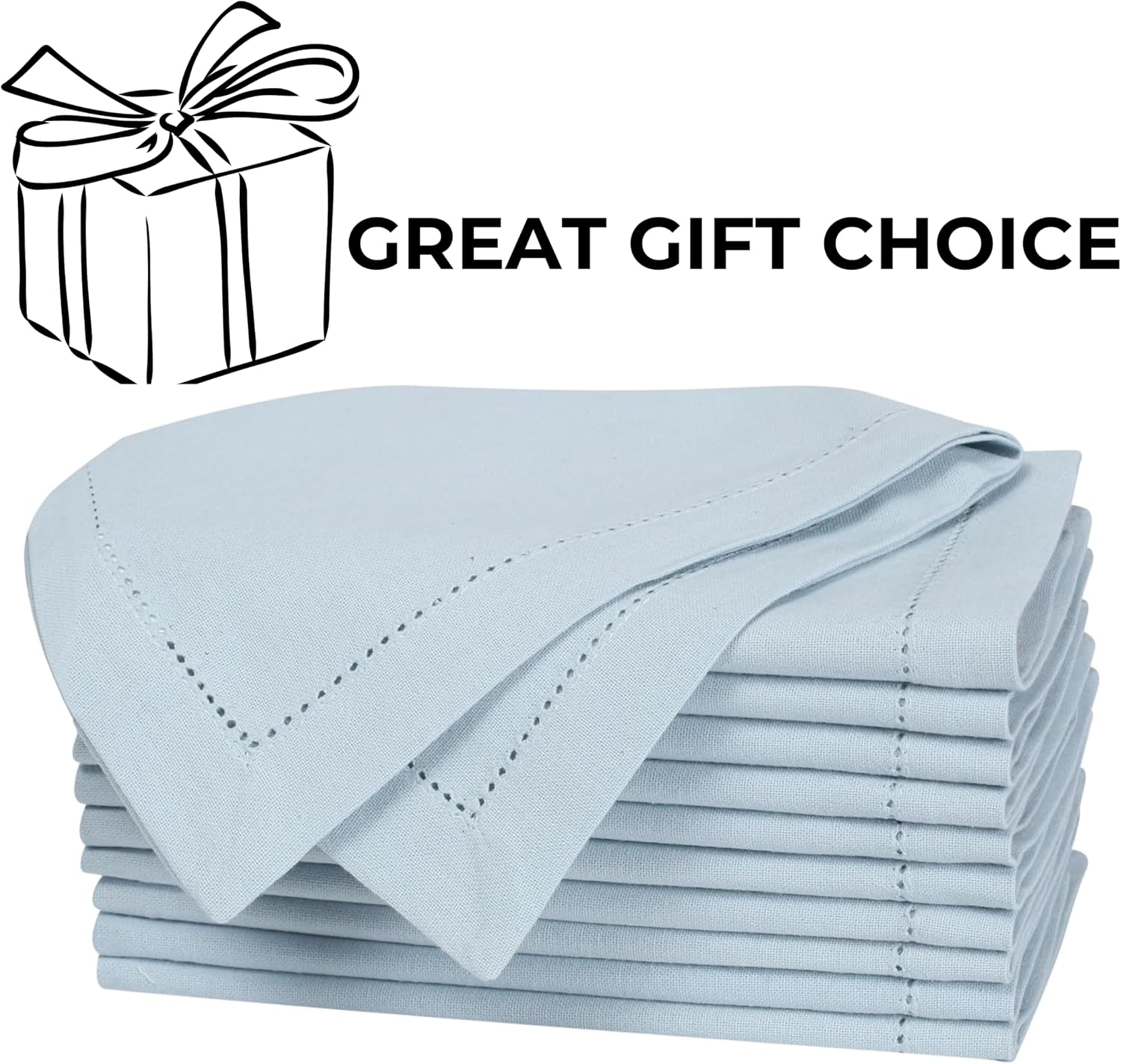 Bedding Craft Hemstitched Cotton Cloth Dinner Napkins Set of 12 – 18x18 Winter Sky Blue – Machine Washable Reusable Fabric Napkins for Weddings, Parties & Everyday Dining