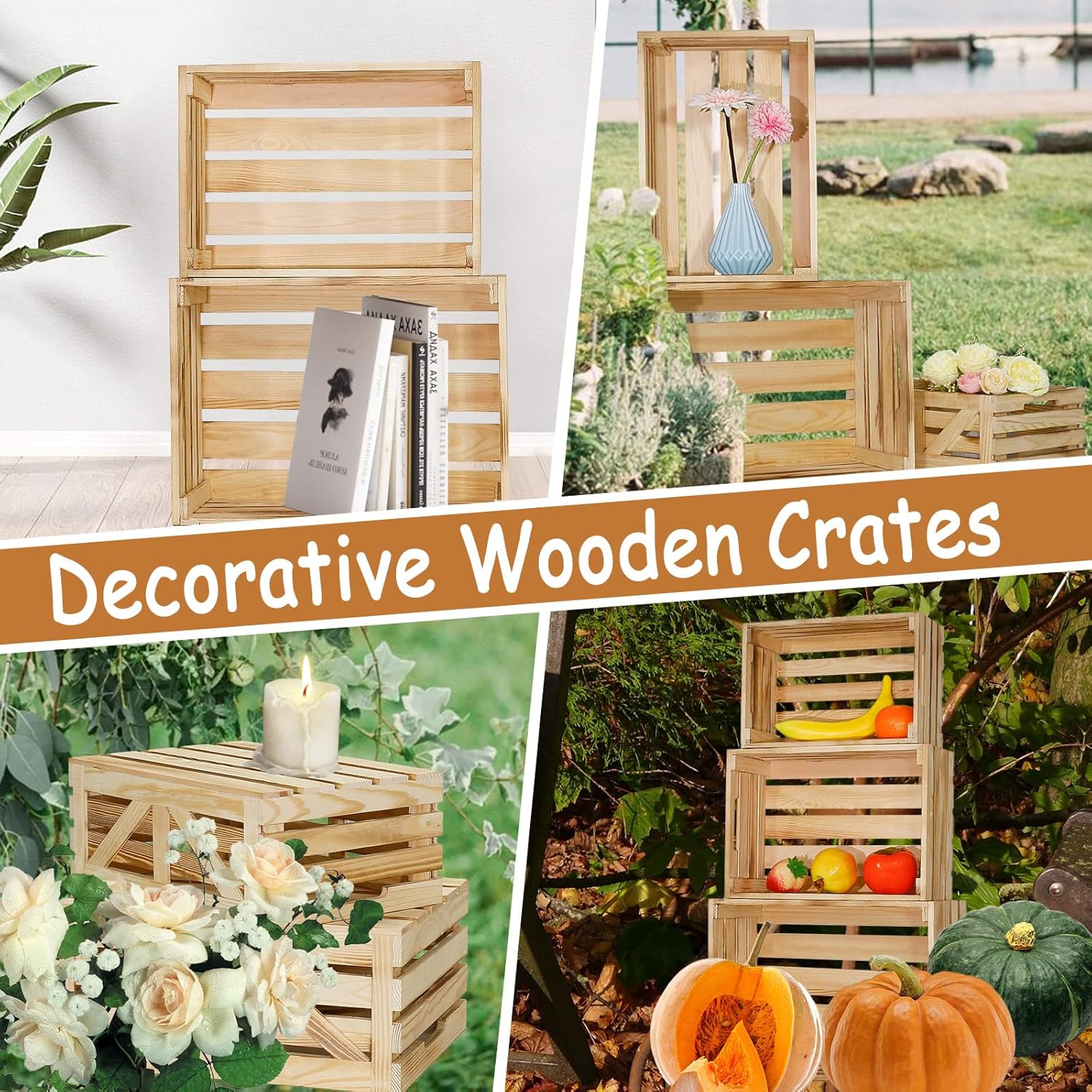 Wooden Crates for Display 5 Pack Wood Storage Crate for Home Rustic Nested Crates with Handles, Farmhouse Wooden Basket for Storage Container and Decorations