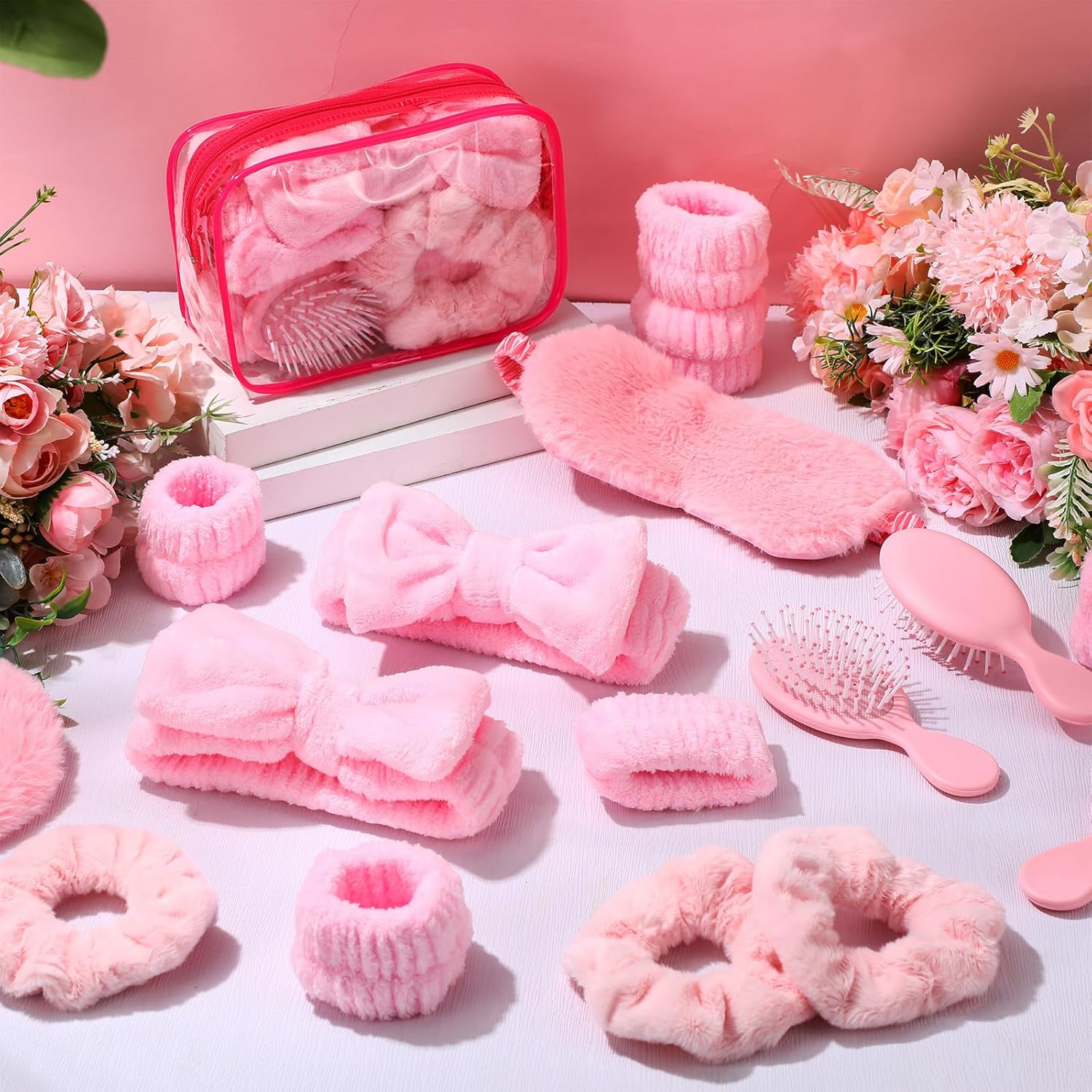 36 Pieces Spa Sleepover Party Favors for Woman 6 Pcs Spa Headband 6 Eye Mask 6 Velvet Scrunchies 6 Pcs Wristband 6 Hair Brush 6 Cosmetic Bags for Adult Slumber Party Gift(Pink)