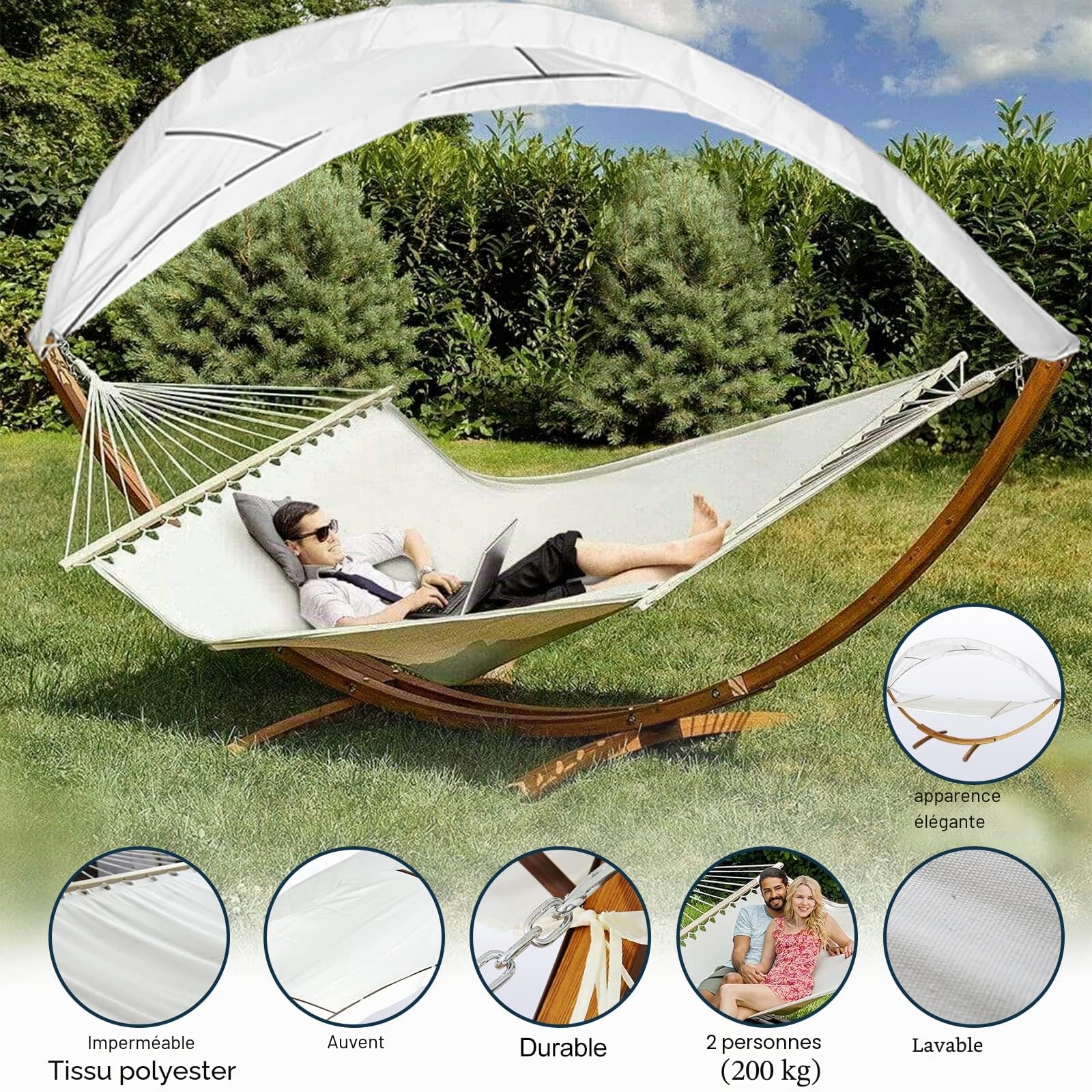 Hamac avec armature et toit pare-soleil, hamac en bois de mélèze résistant aux intempéries, jusqu'à 200 kg, hamac à barres pour 2 personnes, extérieur et intérieur