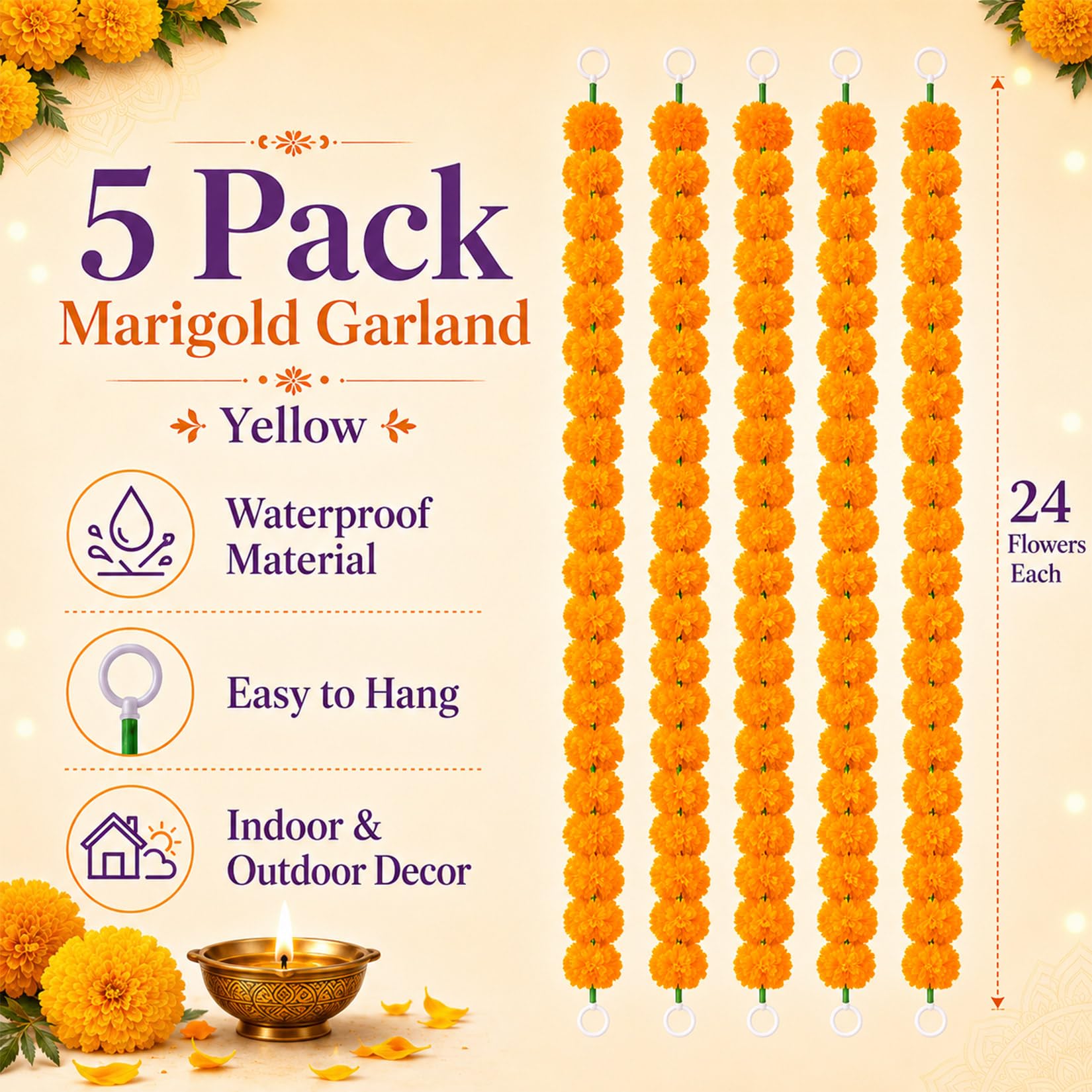 RAINFLOW Marigold Garland - Light Orange Decor -6