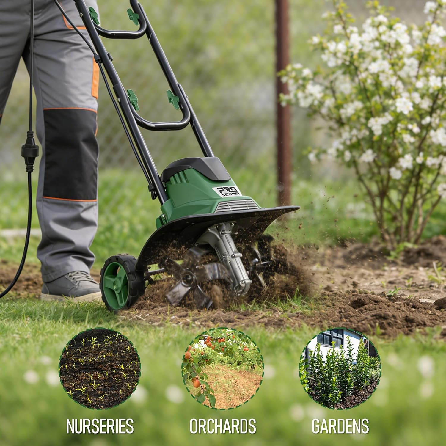 Prostormer Electric Tiller 14-Inch, 10-Amp Corded Cultivator with 8.7-Inch Tilling Depth, Foldable Garden Rototiller with Wheels for Weeding and Soil Cultivation