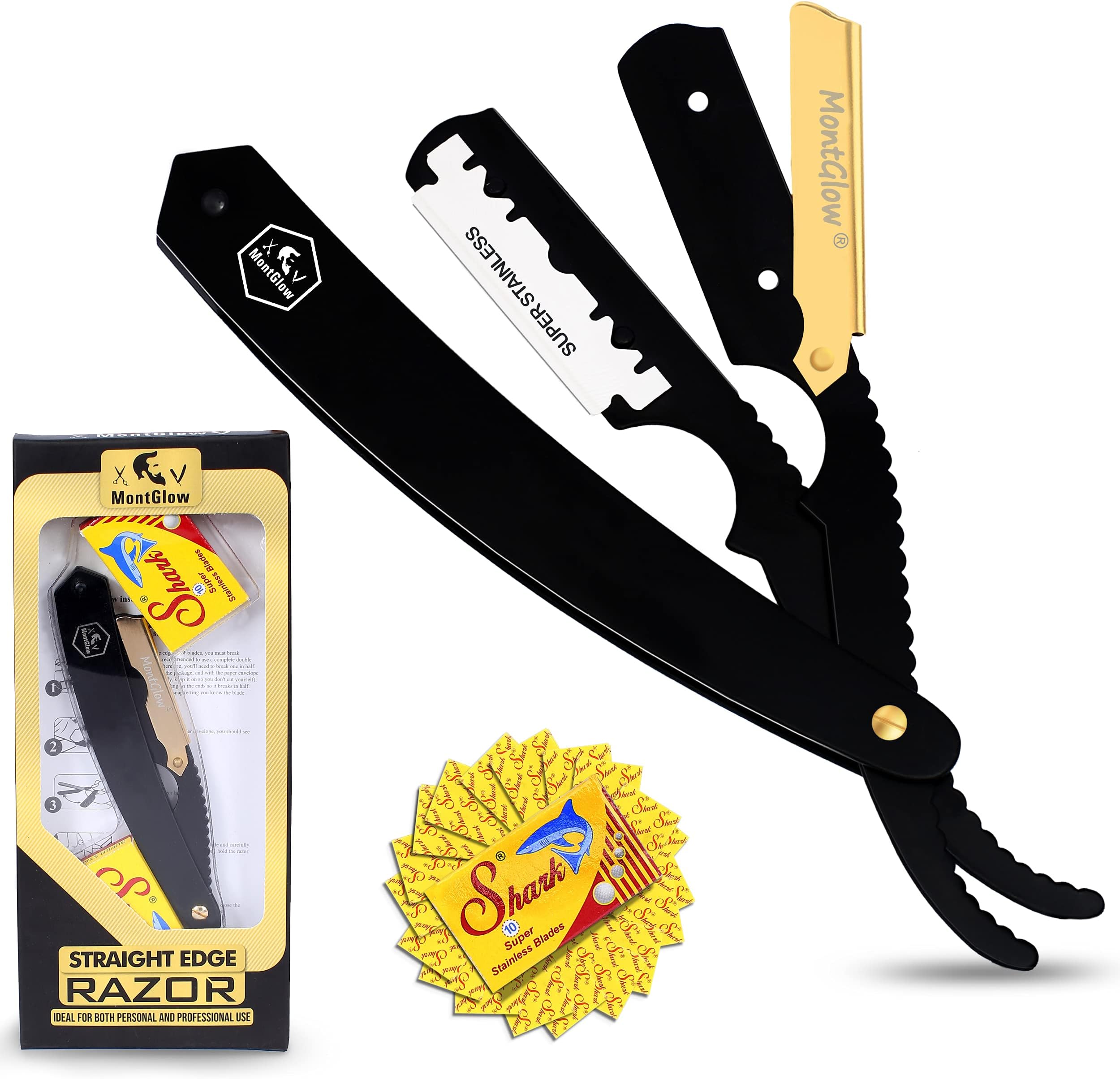 Professional Matte Black Barber Straight Razor with 10 Premium Quality Straight Edge Razor Shark Blades, For Smooth Shave and Lining Up Your Beard (Black)