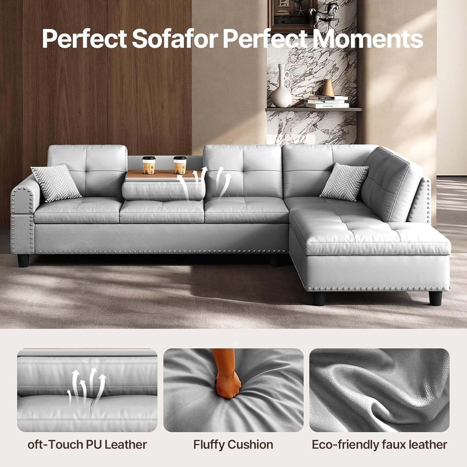 97.5" Leather Couch Oversized Sectional Couch, L Shaped Couchwith, Modern Modular Sofa withDeep Seat, Sectional Couches for Living Room andOffice, Leather Sofa (Gray, 97.5 inch)