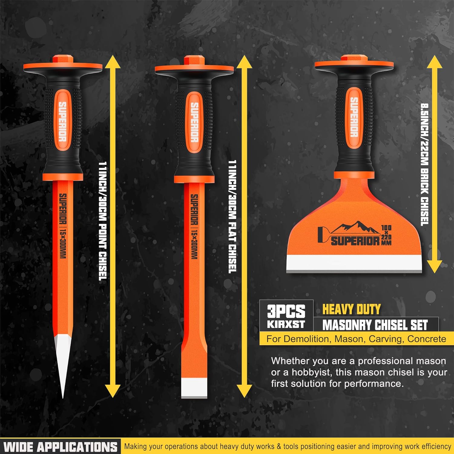3Pcs Heavy Duty Masonry Chisel Set with Hand Guard Concrete Chisel Tools Including 12 Inch Point 12 Inch Flat, 8.5 Inch Brick Chisels, for Demolition, Mason, Carving, Concrete