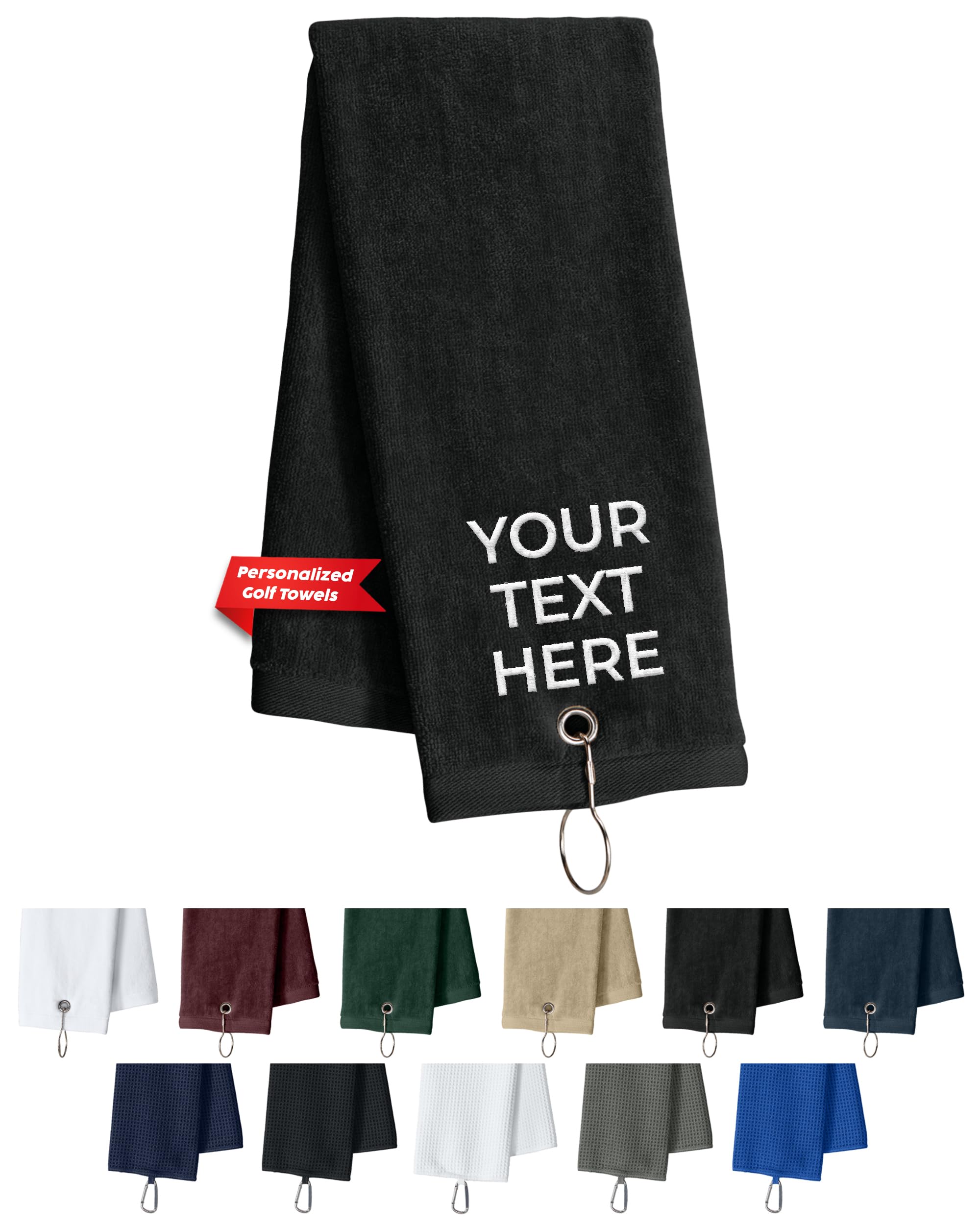 Personalized Custom Golf Towel - Add Your Embroidered Name or Monogram - Trifold Golf Towels with Grommet and Carabiner Clip, Hook