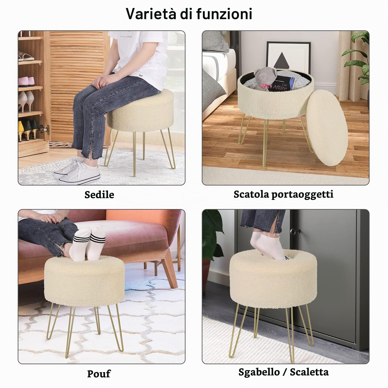 WOLTU Sgabello Contenitore Rotondo, Sgabello per Toeletta Trucco con Coperchio Rimovibile, Pouf Portaoggetti in Tessuto di Pile con Gambe in Metallo, Ø39 x 44 cm, Beige