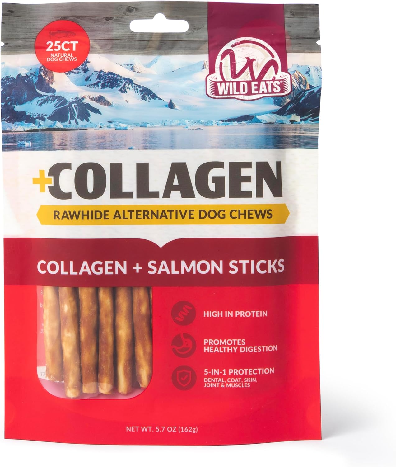 Wild Eats Collagen Sticks for Dogs Real Salmon 25ct – Long Lasting Dog Chew High Protein, Highly Digestable Bully Stick