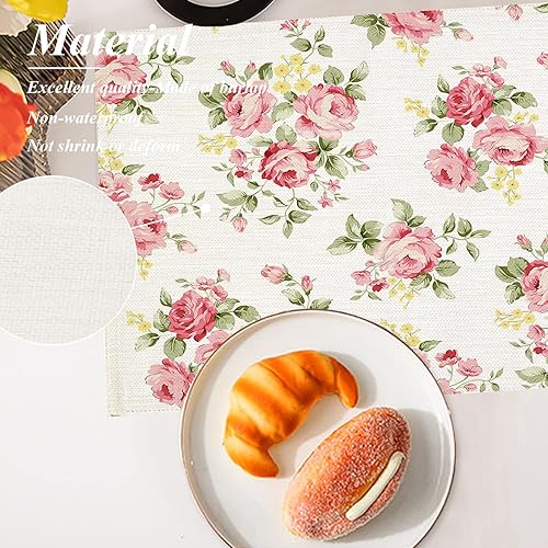 Miniatura 2 de Shrahala Hermosos manteles individuales de flores de rosa, hermosa alfombra de mesa de lino lavable con aislamiento térmico de doble cubierta para