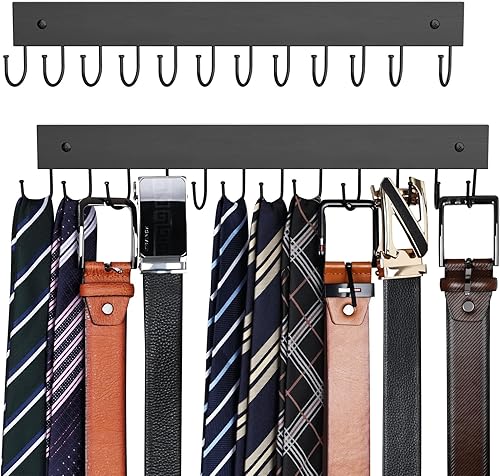 Colgador de cinturón montado en la pared, organizador de cinturón de madera, paquete de 2 unidades de capacidad máxima de almacenamiento de 24