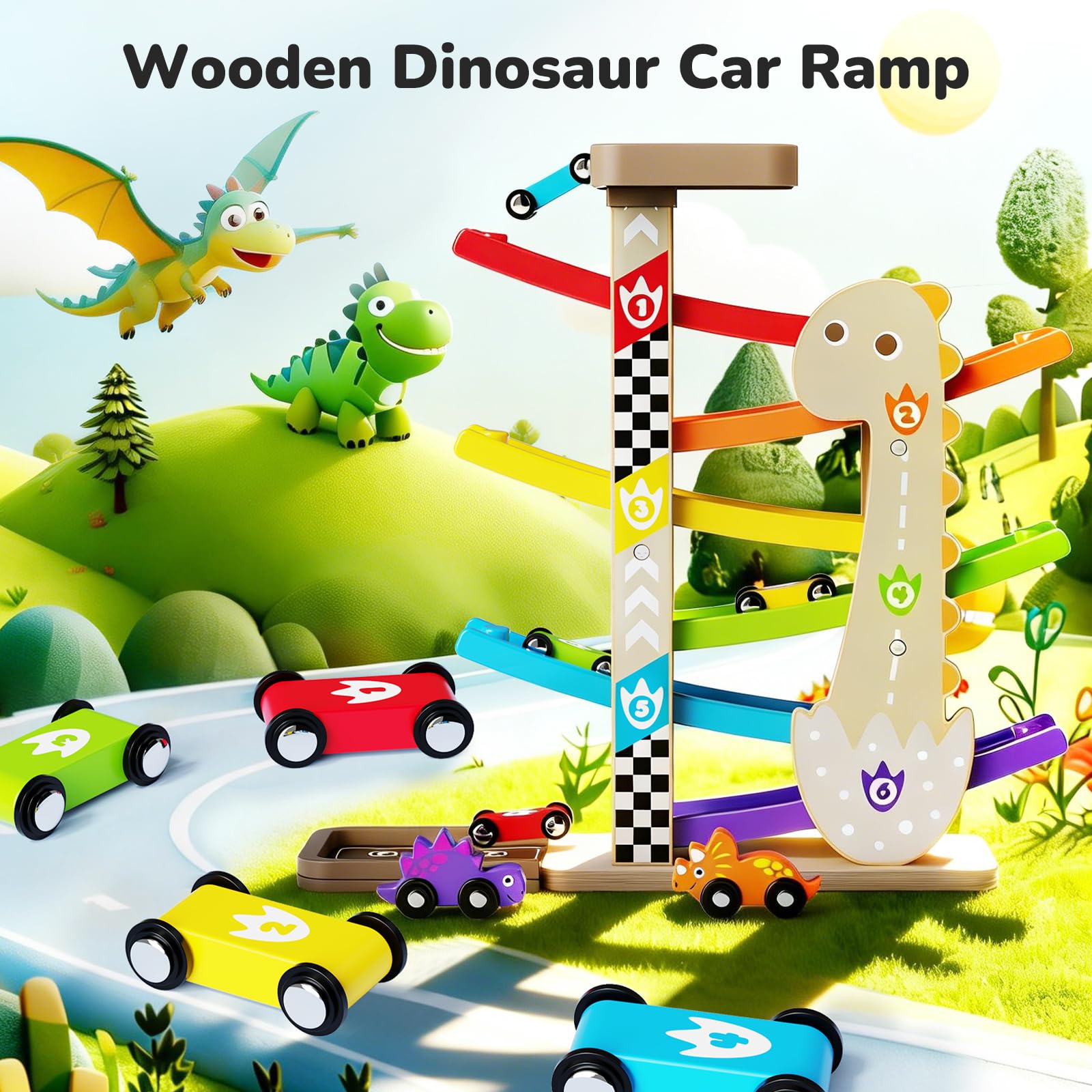 6X Kugelbahn Autorennbahn Holz ab 1+ Jahr Auto Rennbahn mit 6 Fahrzeuge Montessori Spielzeug Kinderspielzeug Holzspielzeug Baby Geburtstag Geschenk für Jungen und Mädchen 1+ Jahr