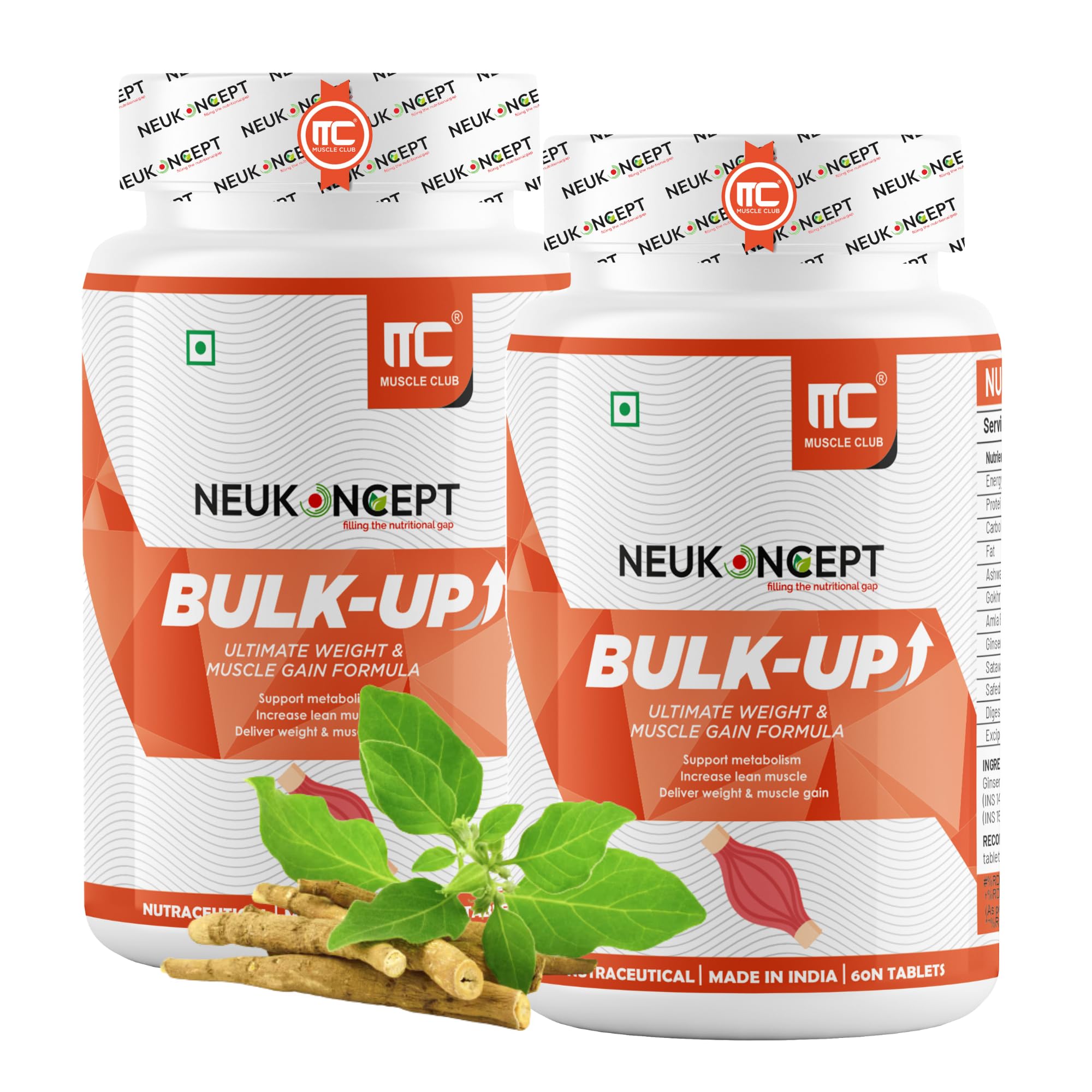 MuscleClub Neukoncept Bulk-Up (120 Tabs) - Helps in Weight Gain | Ayurvedic Muscle Gainer for Digestion & Muscle Mass | Blend of herbs with Ashwagandha, Satavari & Digestive Enzyme