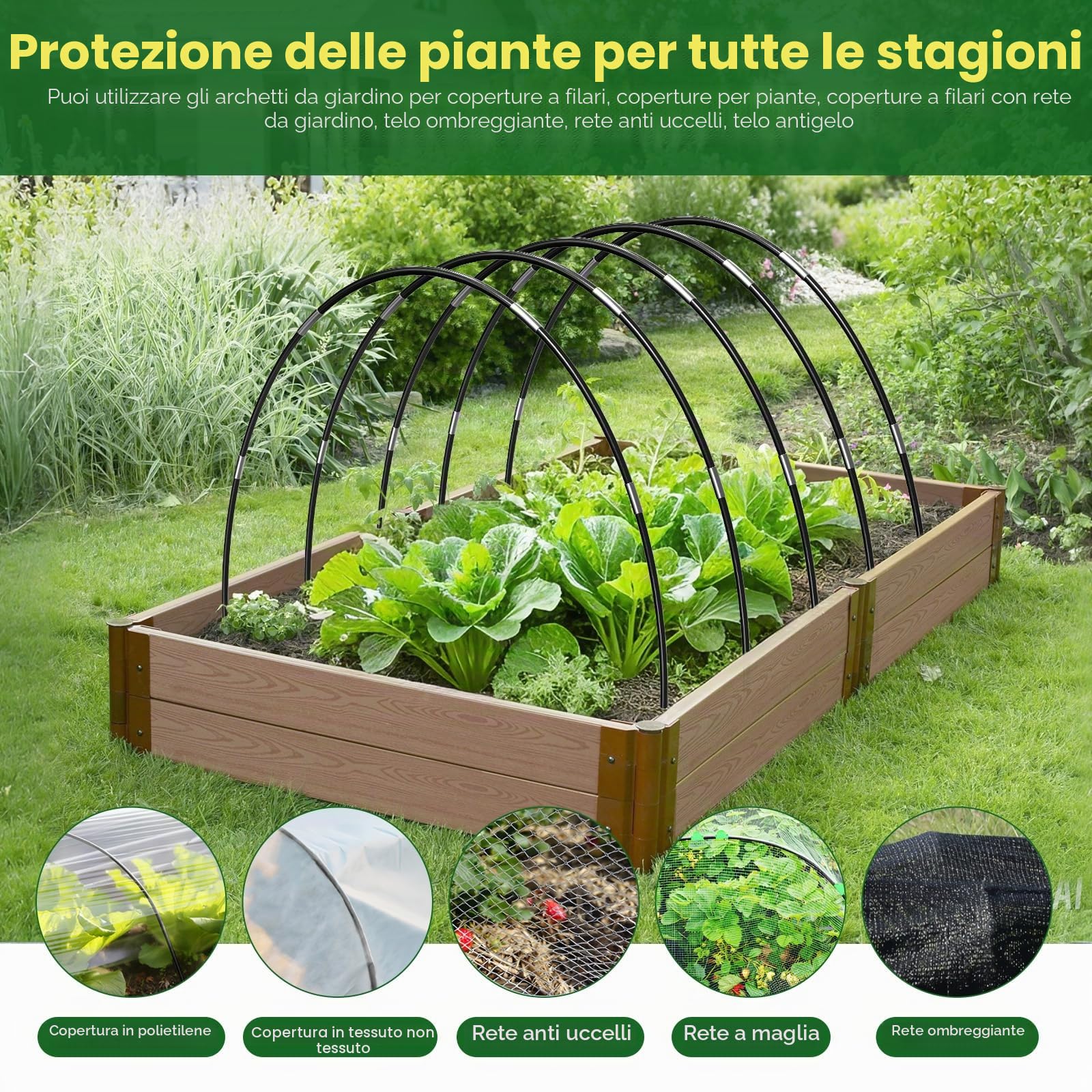 Cerchi per Serra per Letti rialzati, 40 Pezzi Telaio Rimovibile in Fibra di Vetro per Coltivare Tunnel da Giardino, Cerchi per Serra, Cerchi per reti (8 Nero)