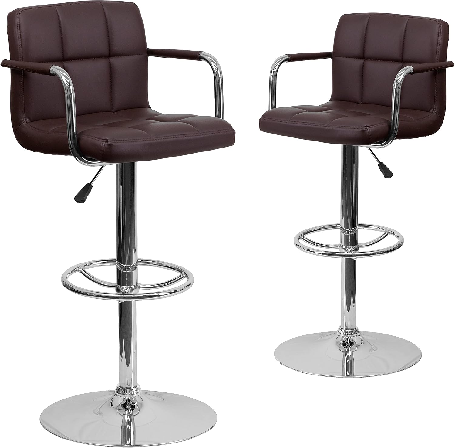 EMMA + OLIVER 2 Pack Brown Quilted Vinyl Adjustable Height Barstool with Arms and Chrome Base