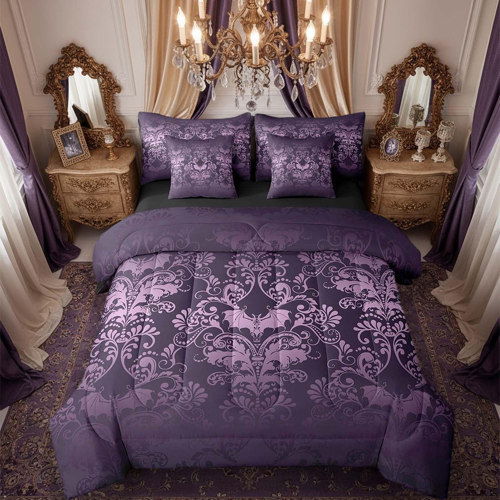 Erosebridal Gothic Damask Bed in a Bag King Size Comforter Set 7 Pieces,Halloween Bat Bedding Sets Purple Victorian Floral Goth Sheet Set with Comforter