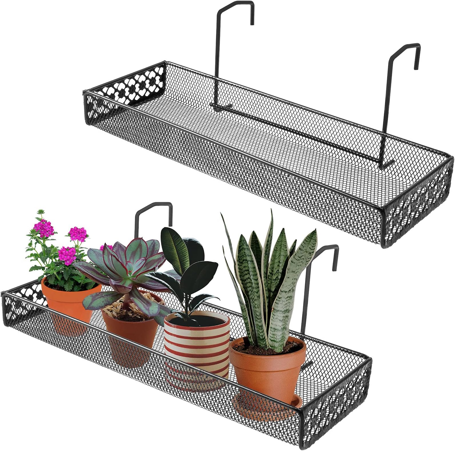 OBANGONG 2 PCS Iron Hanging Railing Planter Shelf Basket with Hooks,Balcony Plant Pot Shelf Holder Fence Flower Stand Basket for Patio Porch Fence and Balcony Decorate