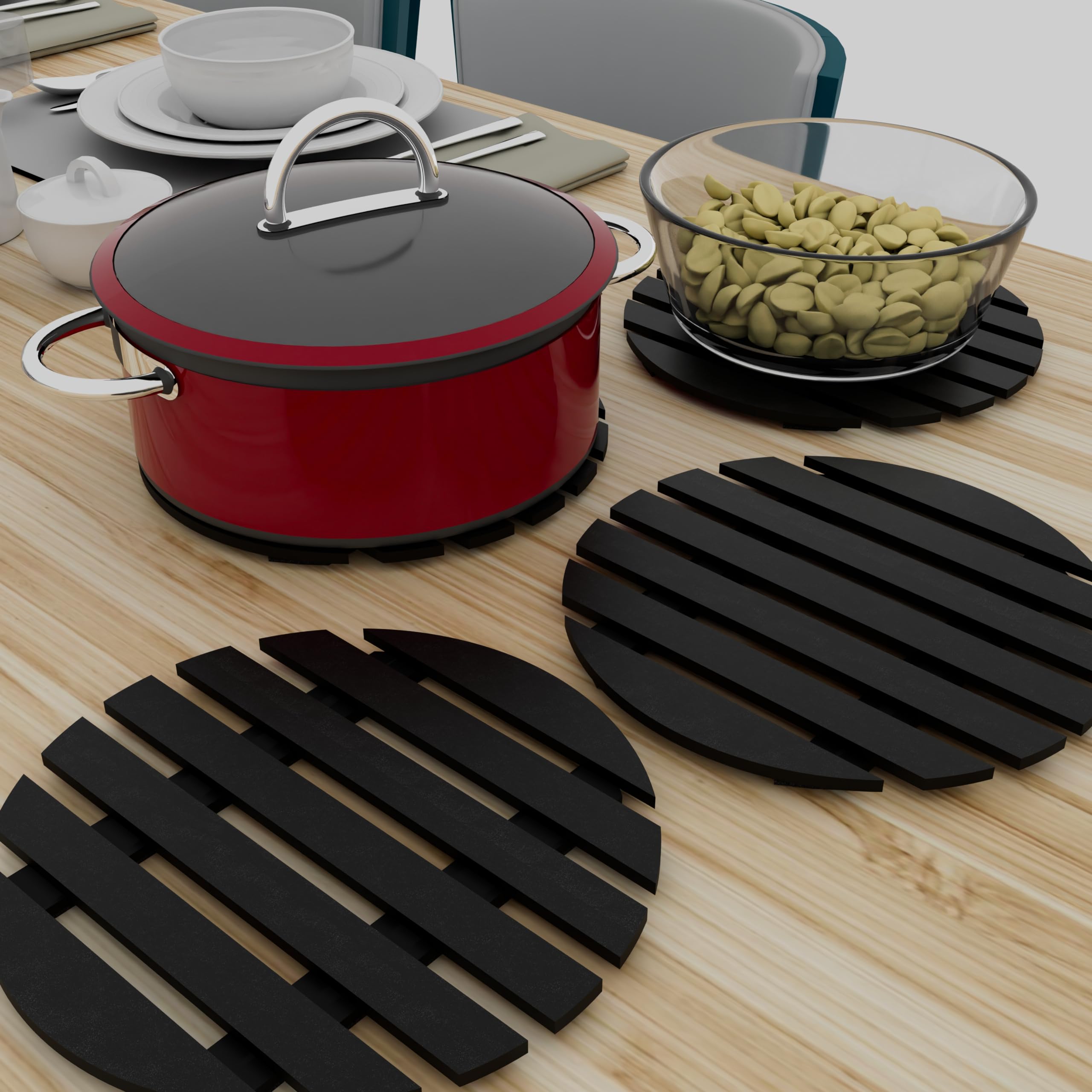 Picrazee Wooden Trivet Table Mats, Heat Resistant Non-Slip, Hot Pans Pot Holder Placemat for Dining Table (4 Round Trivets)