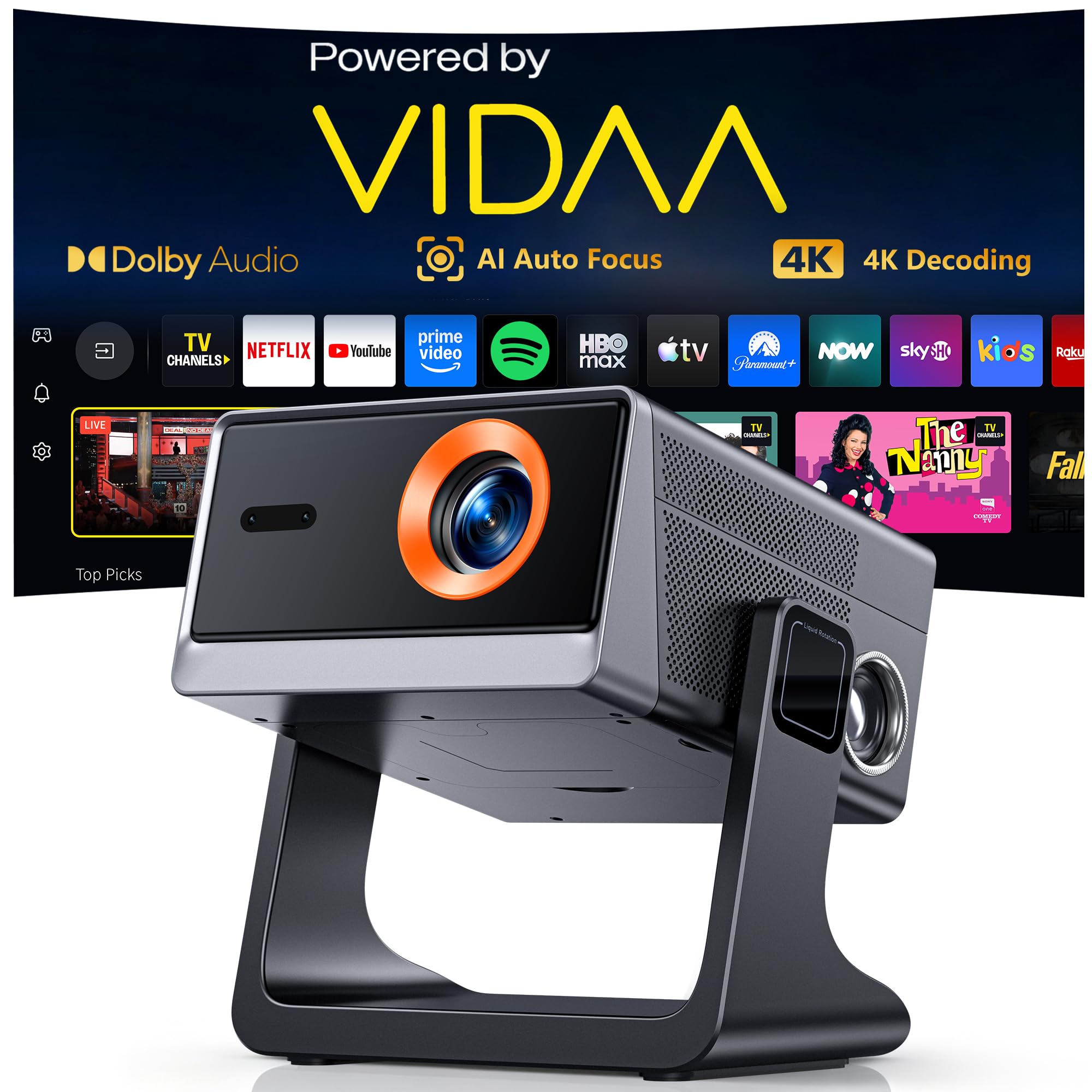 WOLFANG Proiettore 4K, proiettore intelligente con messa a fuoco automatica e keystone automatico, Bluetooth, Home Cinema per proiezione camera da letto e soffitto