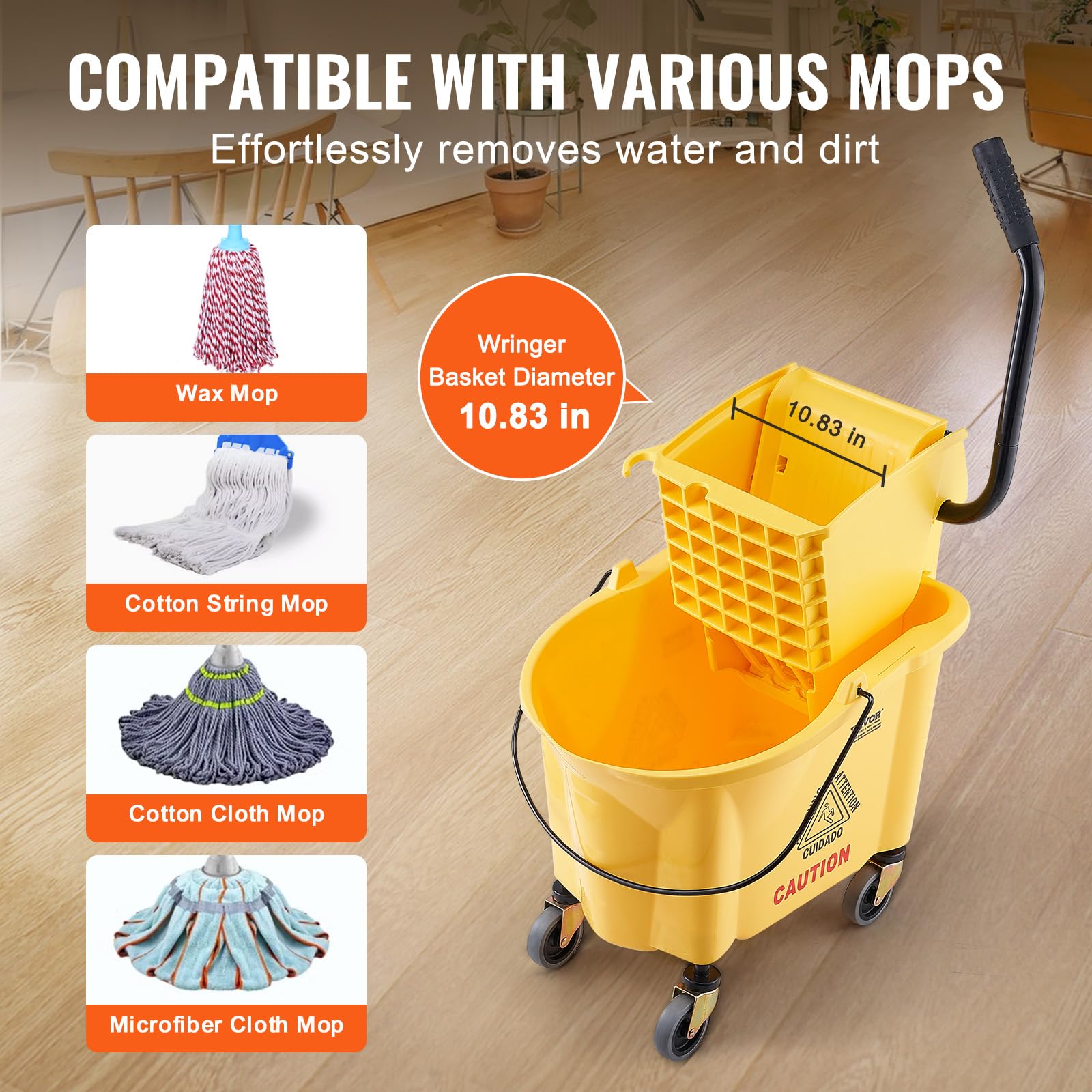 VEVOR Wischeimer Moppeimer mit Wringer, 26 QT Gewerblicher Wischeimer mit seitlicher Presspresse, Gelb