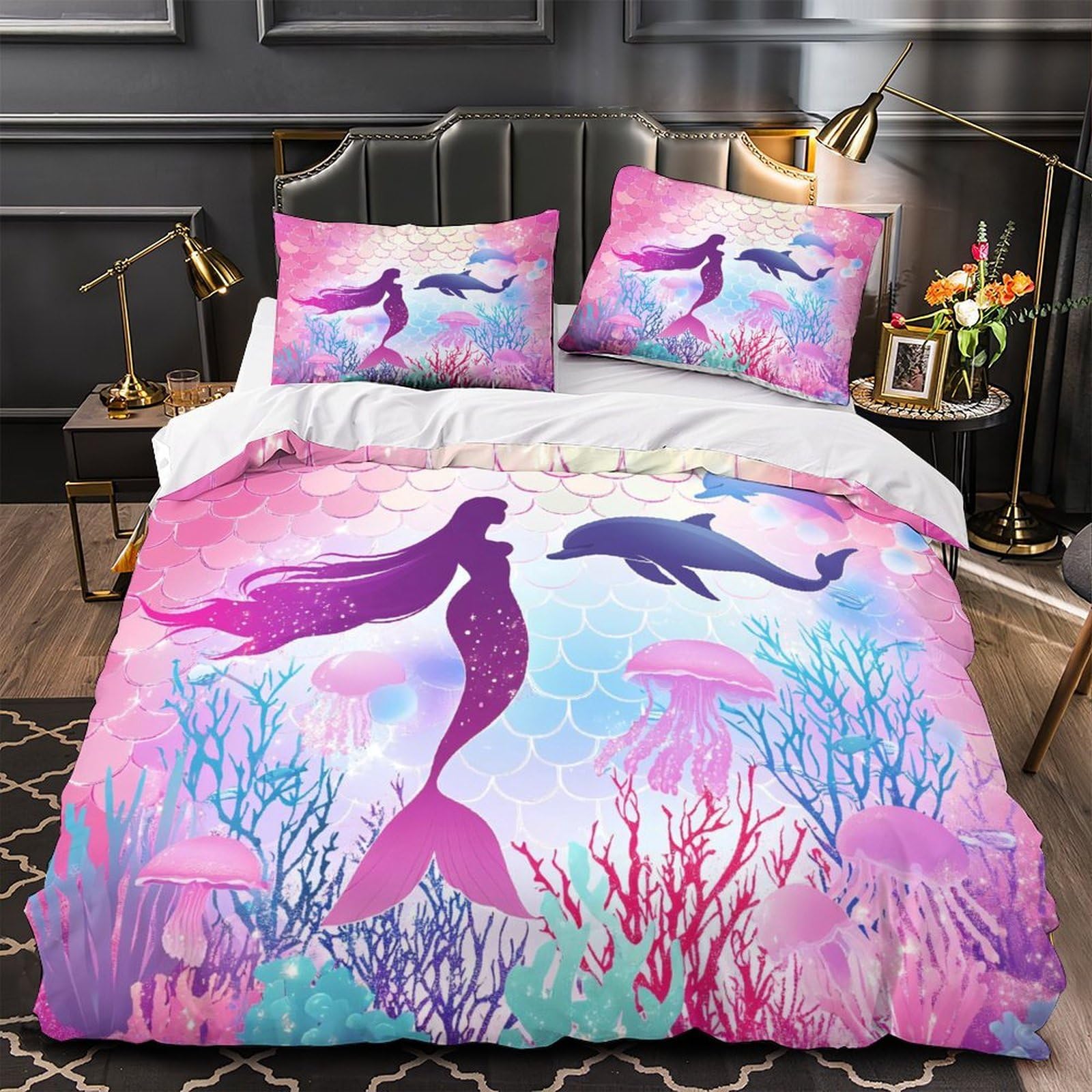Housse de couette sirène 3D 140x200cm parure de lit microfbre super douce