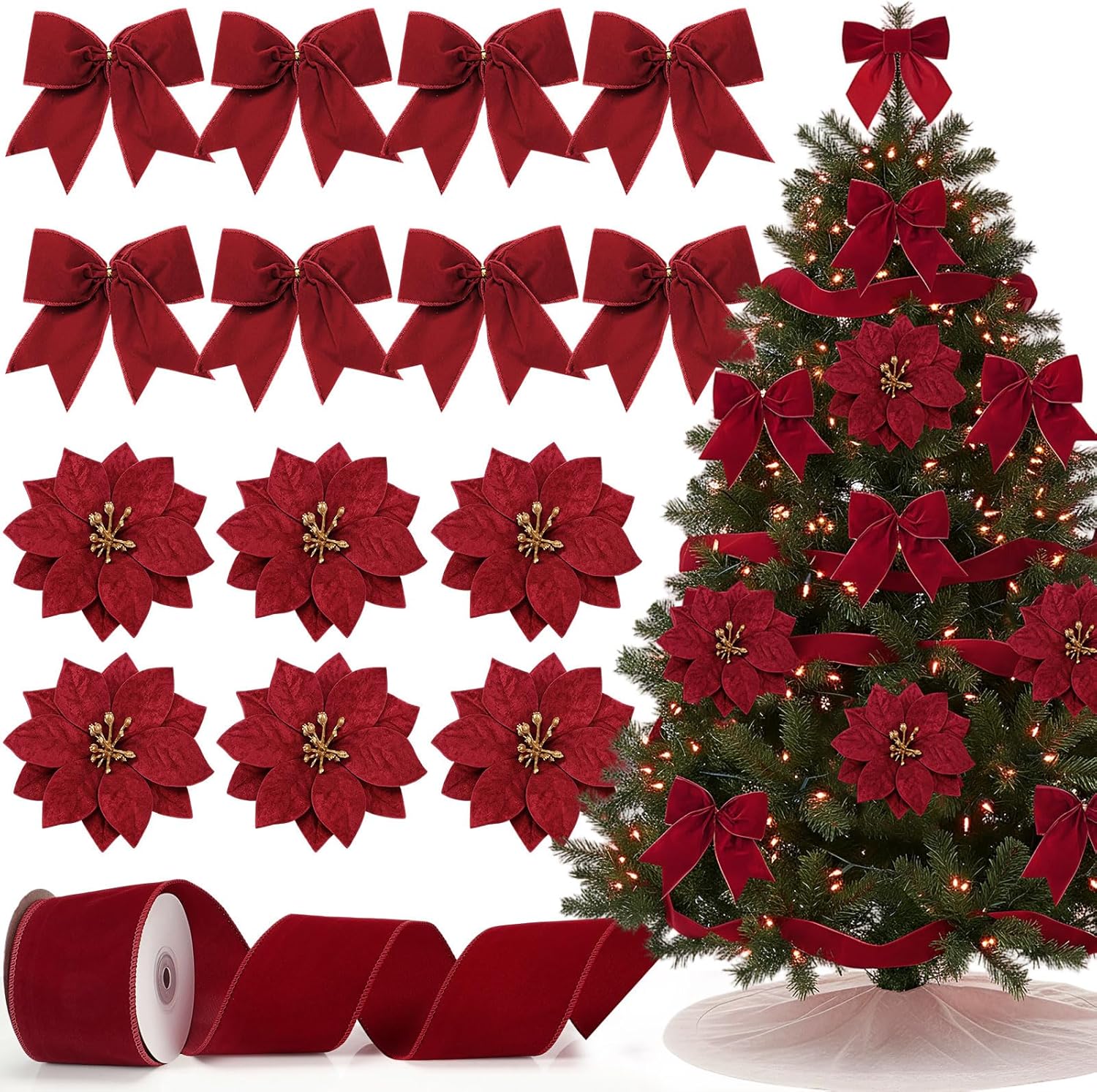 Hungdao 26 Pcs Velvet Christmas Tree Ornament Set Artificial Christmas Poinsettia Flower Picks Velvet Bows Ribbon LED Light Holiday Ornaments for Xmas Tree Wreath Decor(Burgundy)