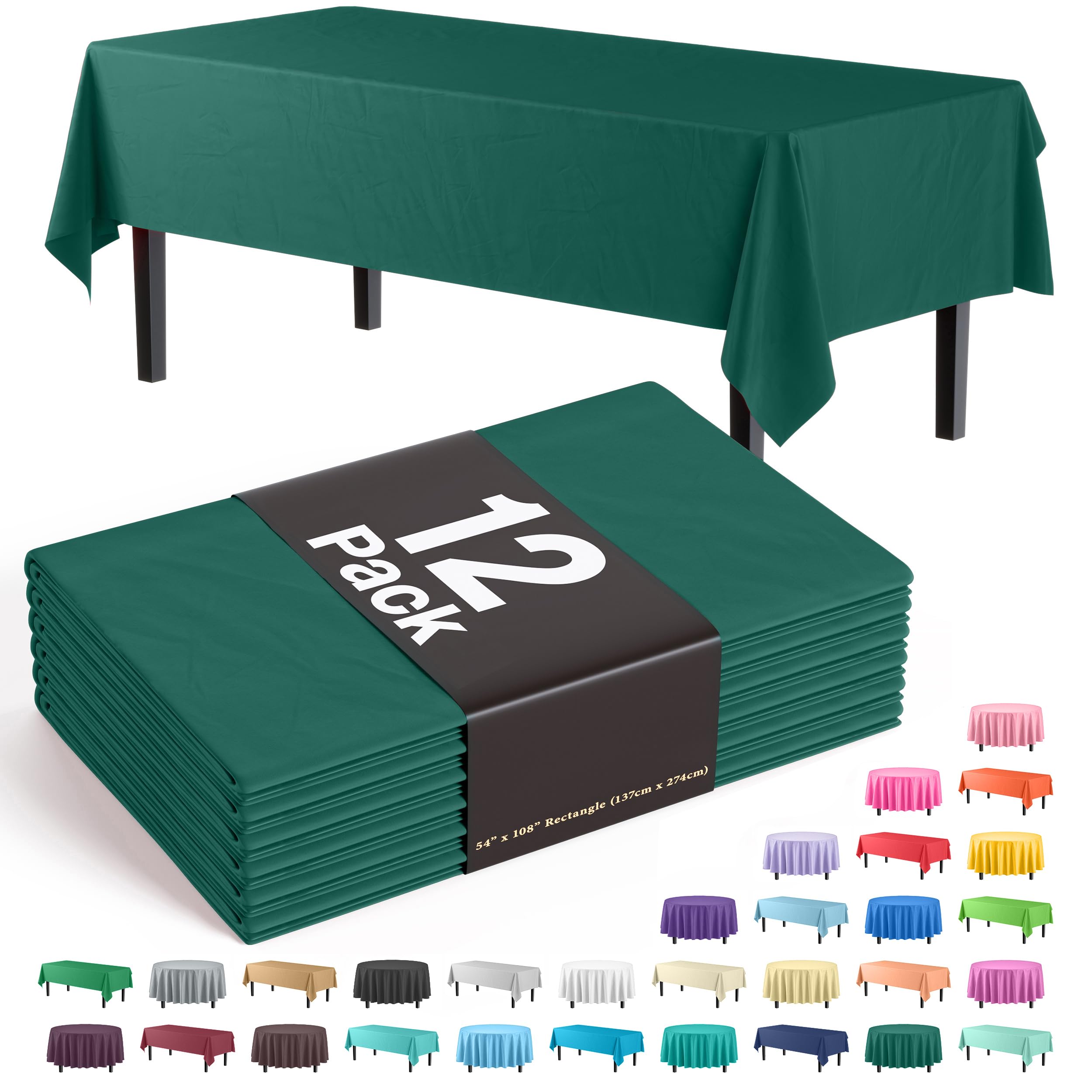 Exquisite 12-Pack Premium Plastic Tablecloth 54in. x 108in. Rectangle Table Cover - Dark Green