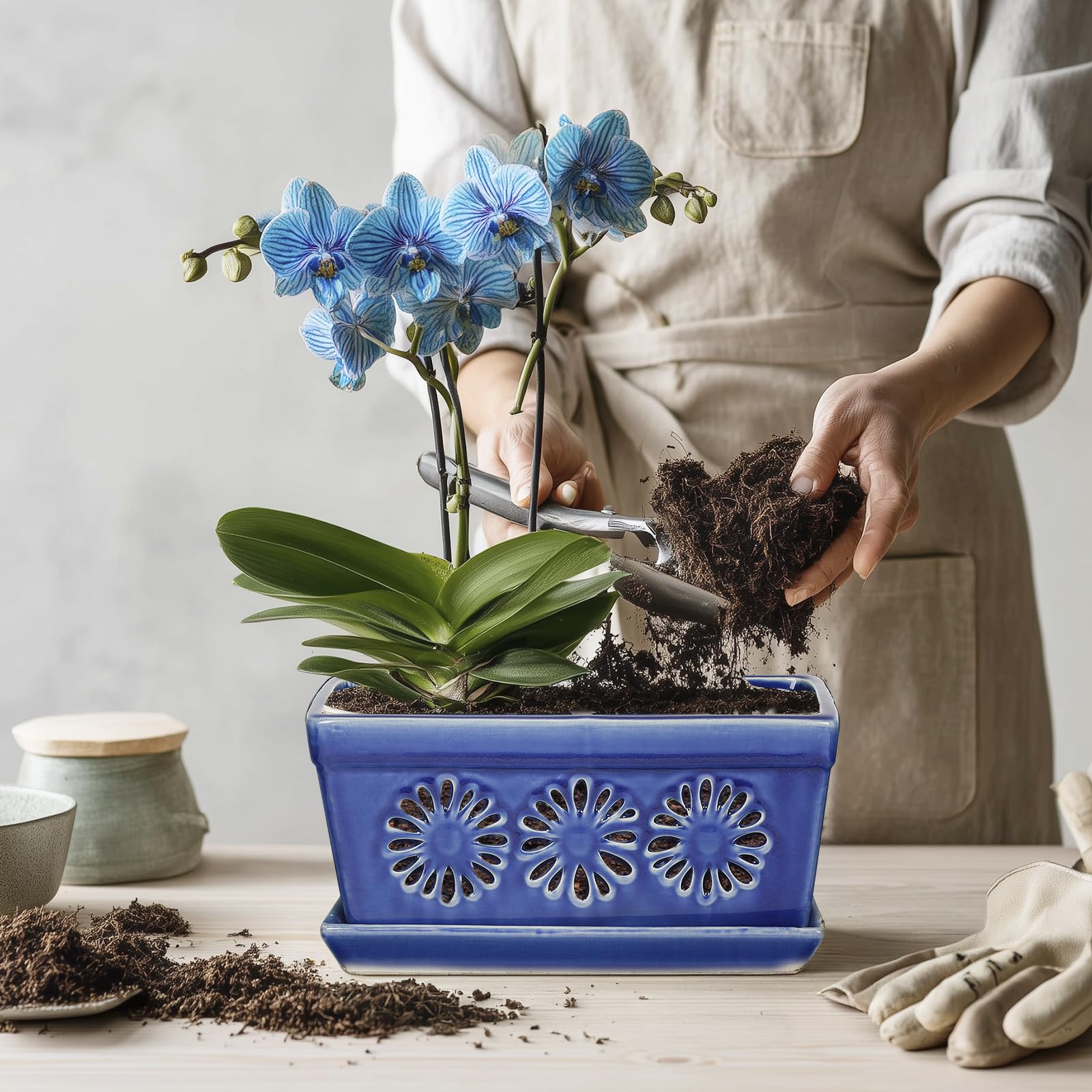 EFISPSS 25,4 cm Orchideentopf, Keramik-Orchideentöpfe mit Löchern, Indoor-Blumentöpfe mit Drainage und Untersetzer, Pflanztöpfe verbessern gute Belüftung, Blau