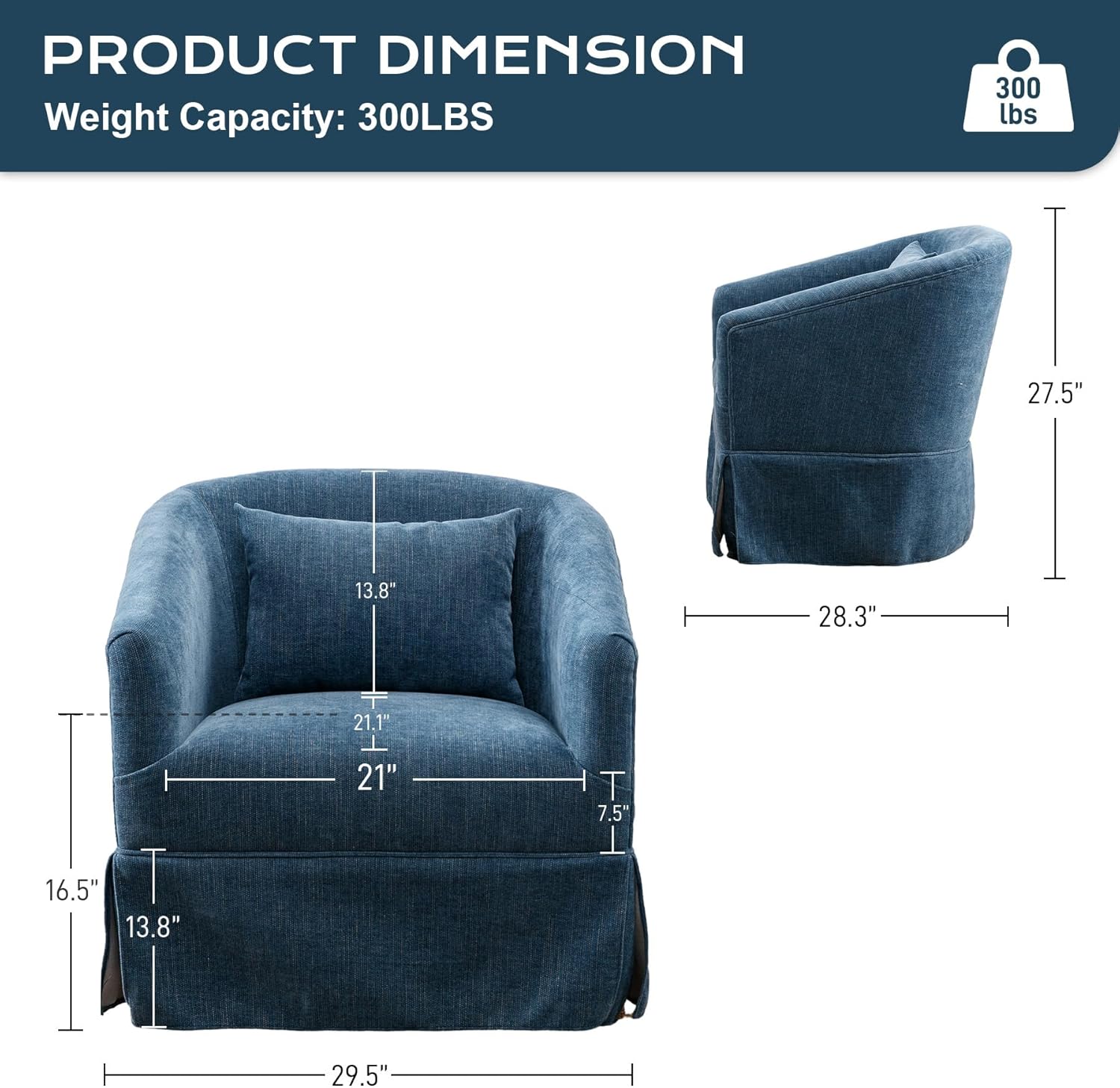 Swivel Accent Chair, Comfy Modern Swivel Barrel Chair with Skirt Thick Cushion, 360°Upholstered Chenille Small Single Sofa Club Armchair for Living Room Bedroom Nursery Lounge, Blue
